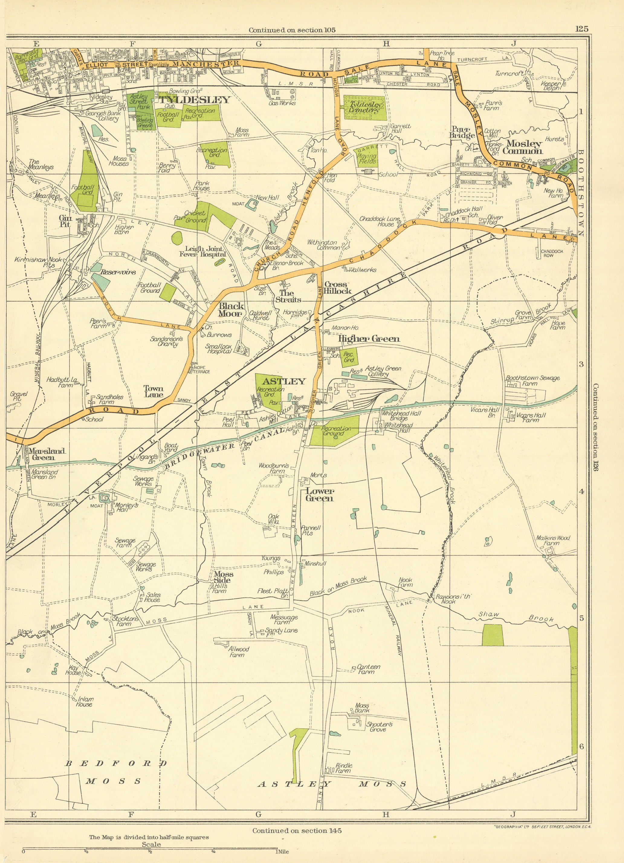Associate Product LANCASHIRE Bedford Moss Astley Moss Lower Green Astley Tyldesley 1935 old map