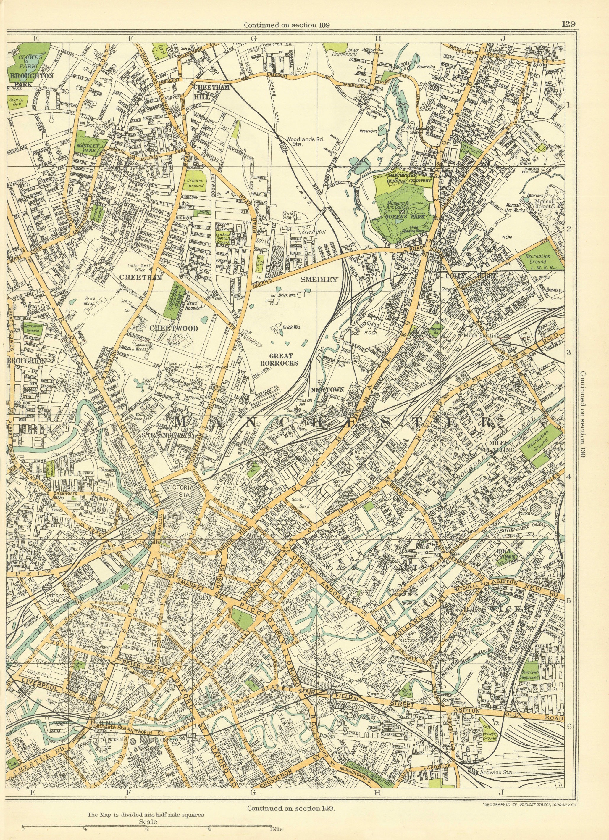 MANCHESTER Great Horrocks Cheetham Hill Cheetwood Smedley Newtown 1935 old map