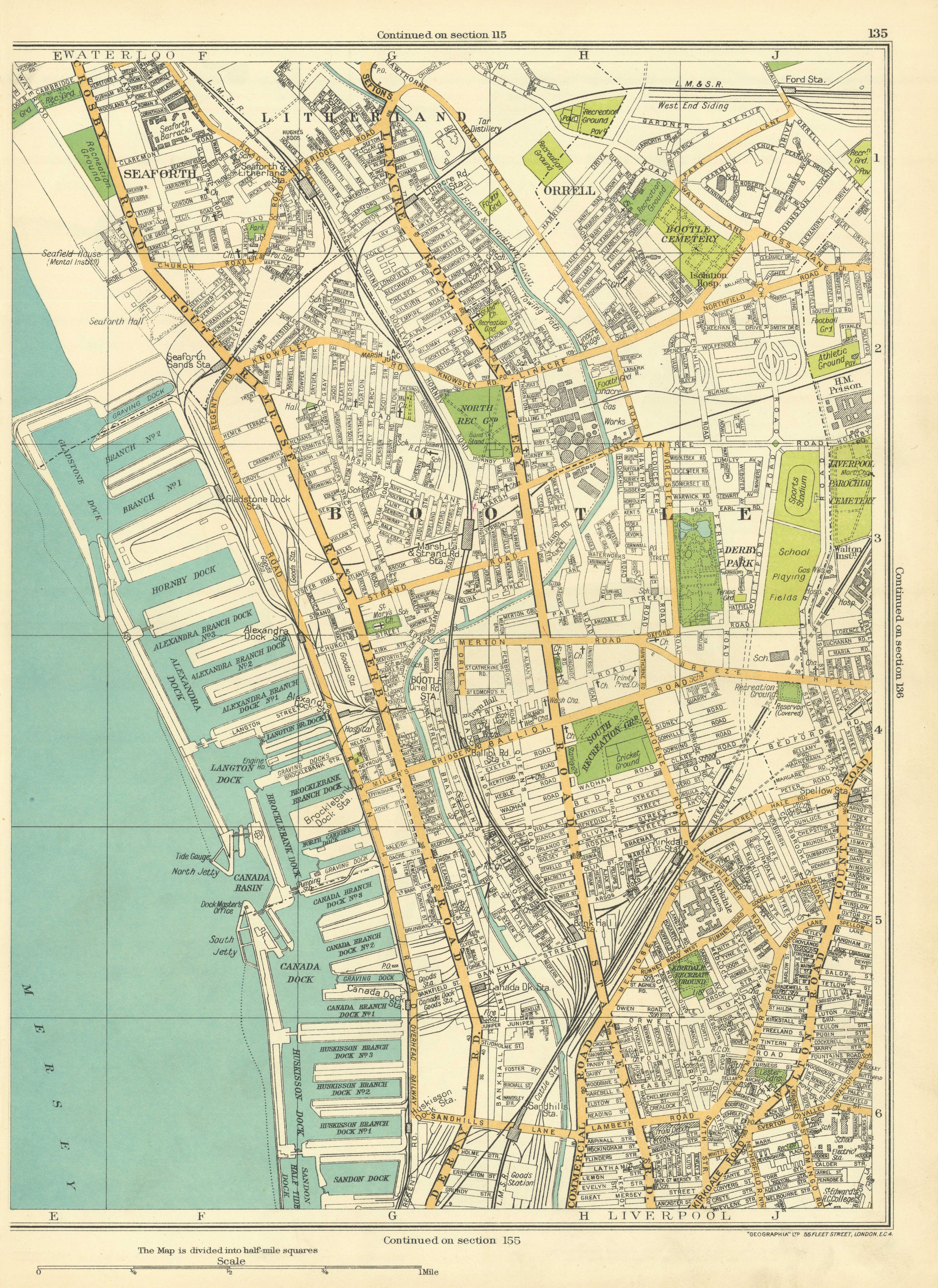 LIVERPOOL Bootle Litherland Seaforth Orrell Derby Park 1935 old vintage map