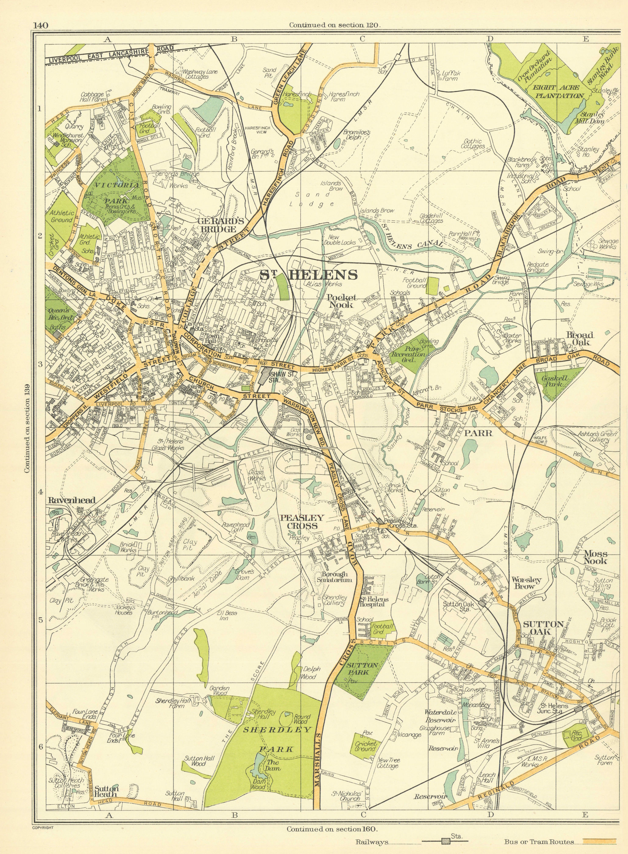 LANCS St Helens Sutton Oak Peasley Cross Ravenhead Parr Gerards Bridge 1935 map