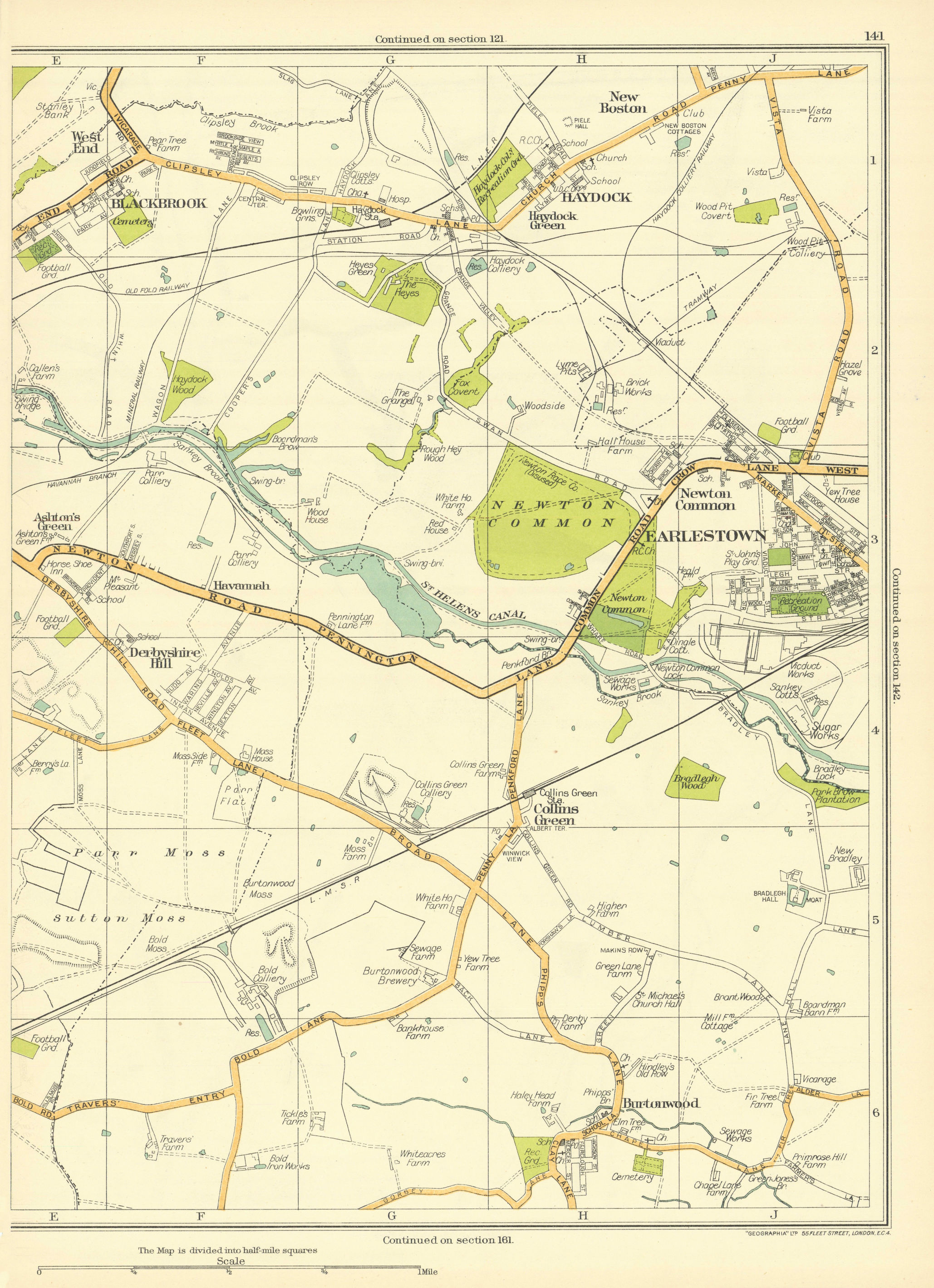 Associate Product LANCS Derbyshire Hill Green Burtonwood Earlestown Haydock Blackbrook 1935 map