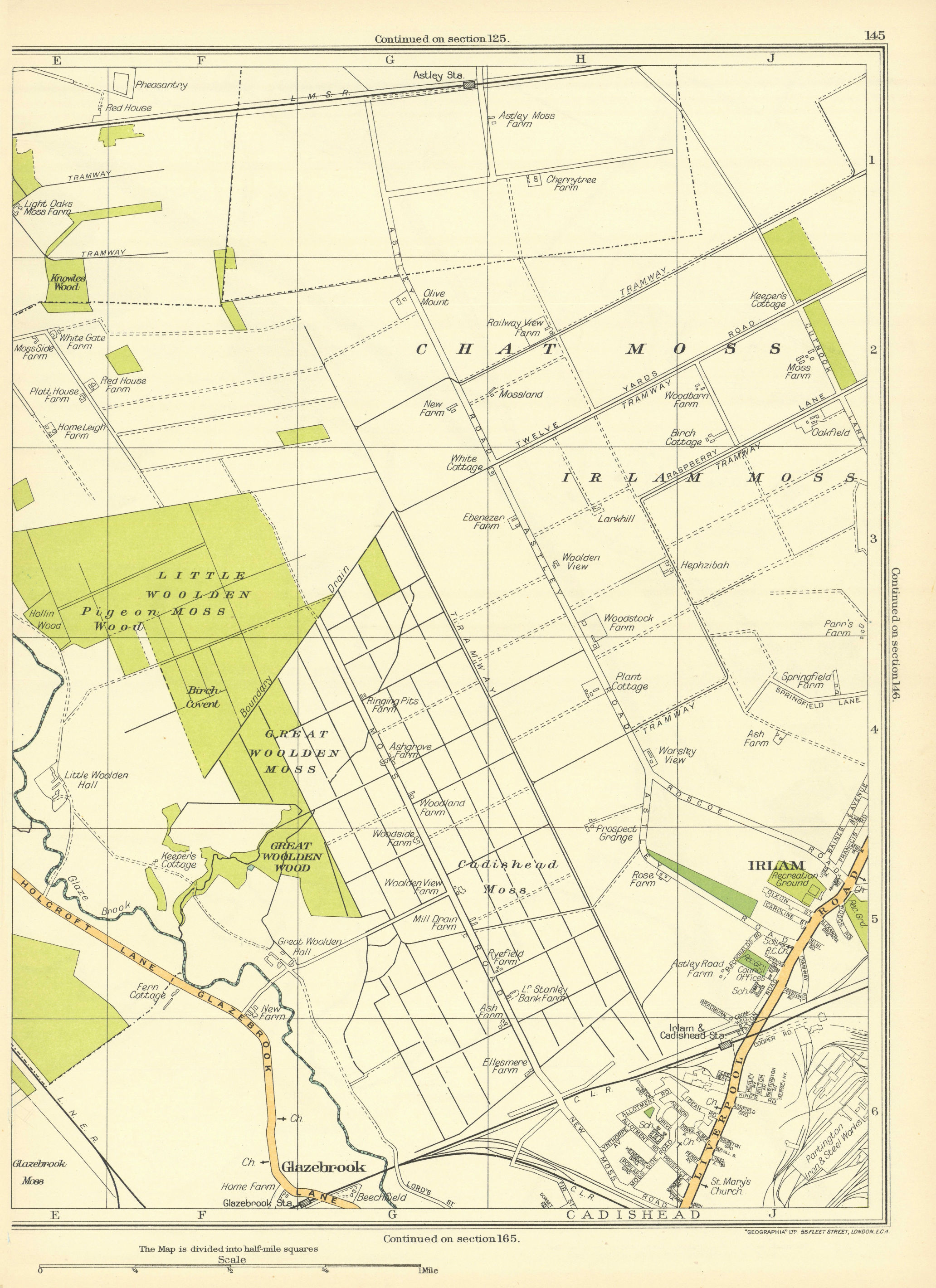 Associate Product LANCASHIRE Glazebrook Great Woolden Wood Irlam Cadishead Moss Chat 1935 map