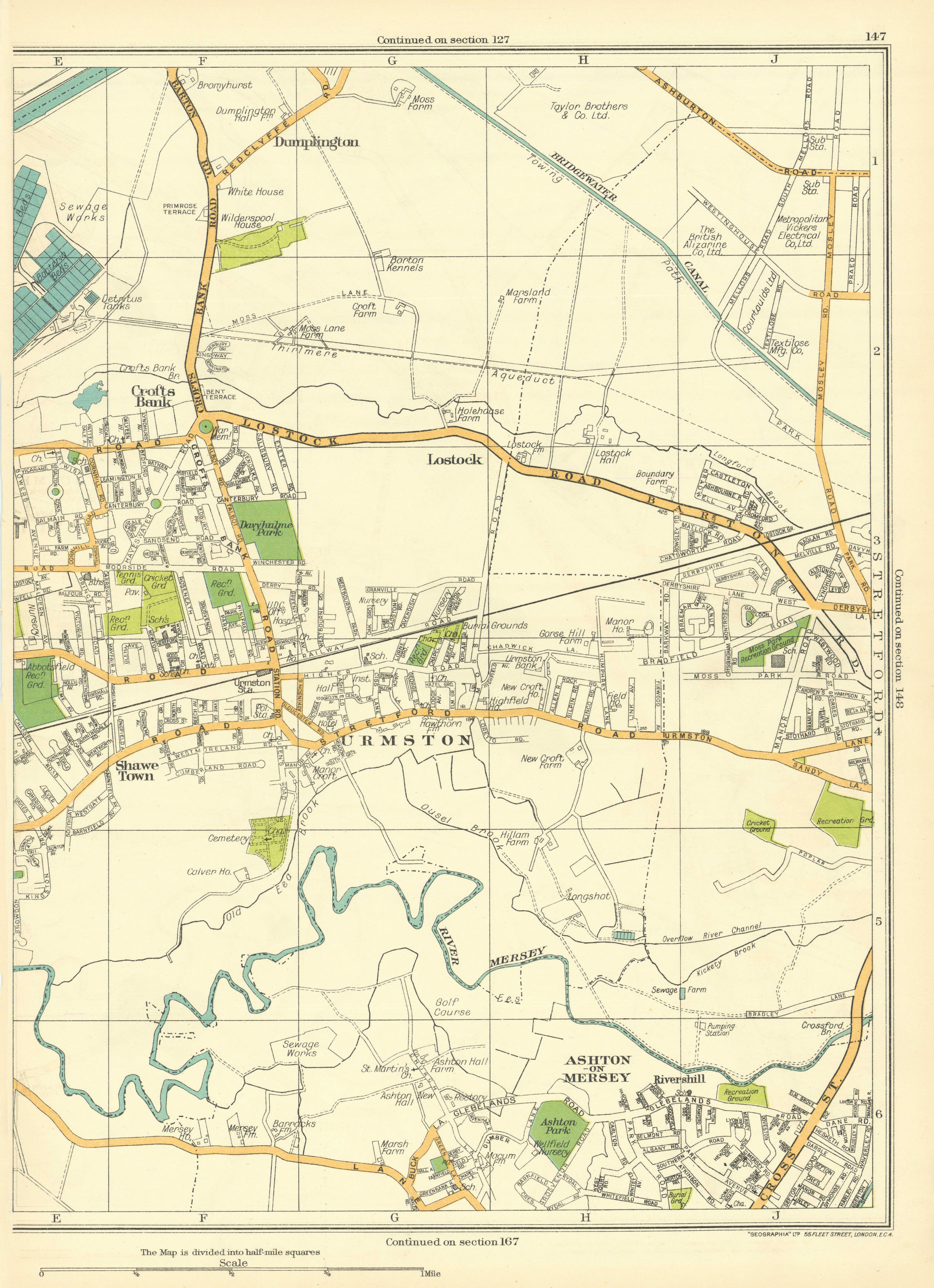 Associate Product LANCASHIRE Urmston Ashton-on-Mersey Shawe town Crofts Bank Dumplington 1935 map