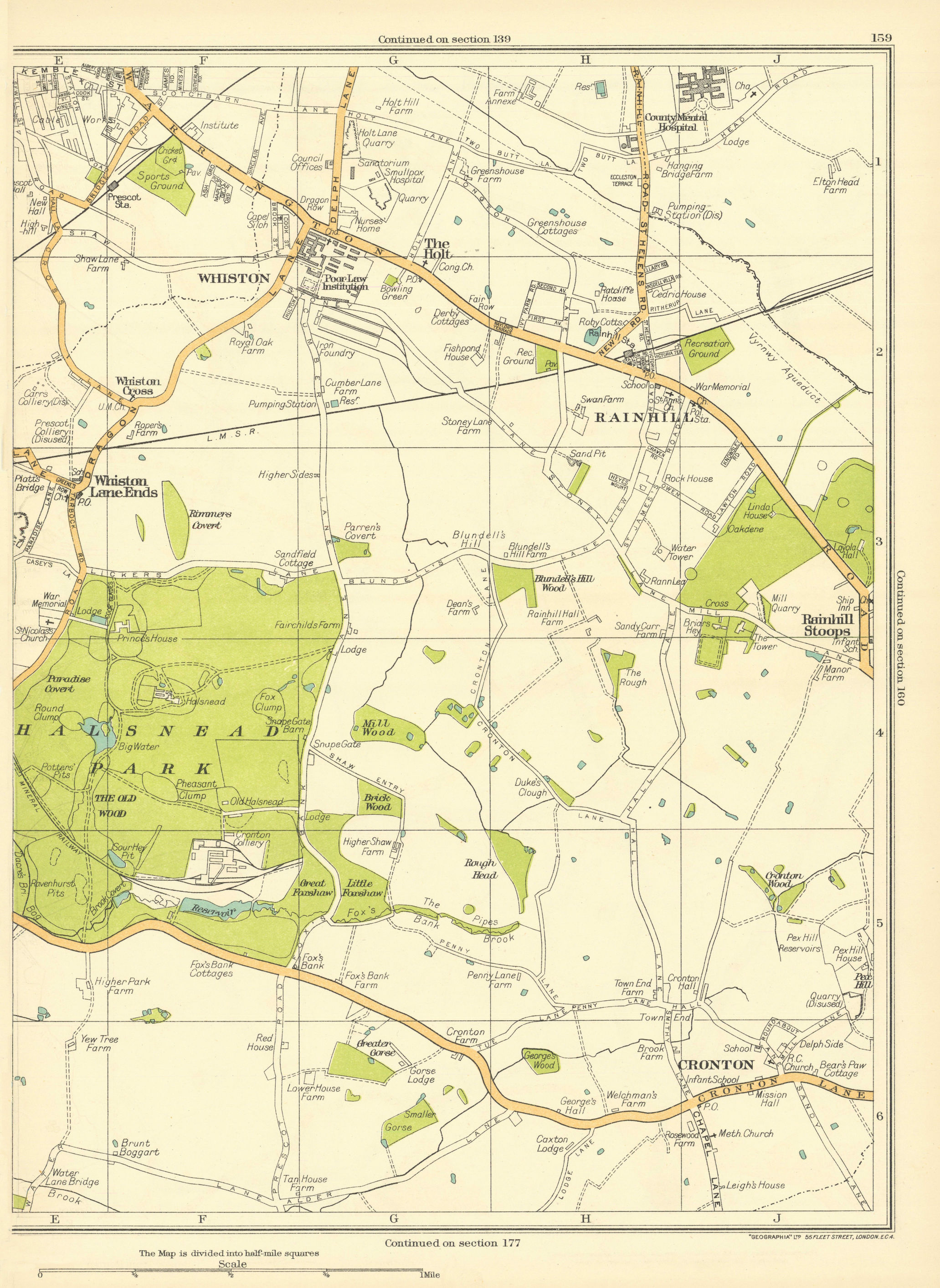 LANCS Prescot Whiston Holt Lane Ends Halsnead Park Cronton Rainhill 1935 map