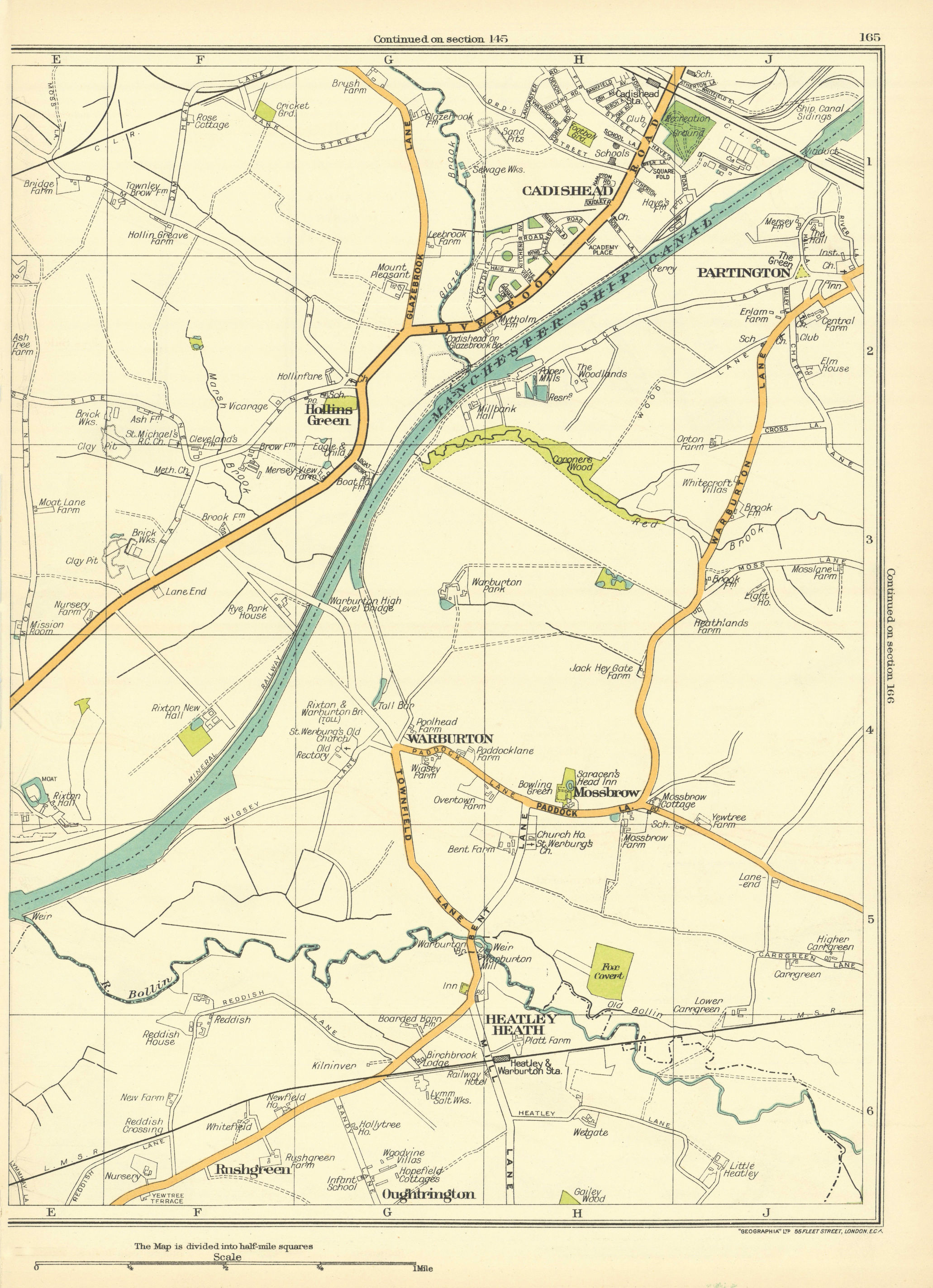 LANCASHIRE Cadishead Partington Hollins Green Warburton Heatley Heath 1935 map
