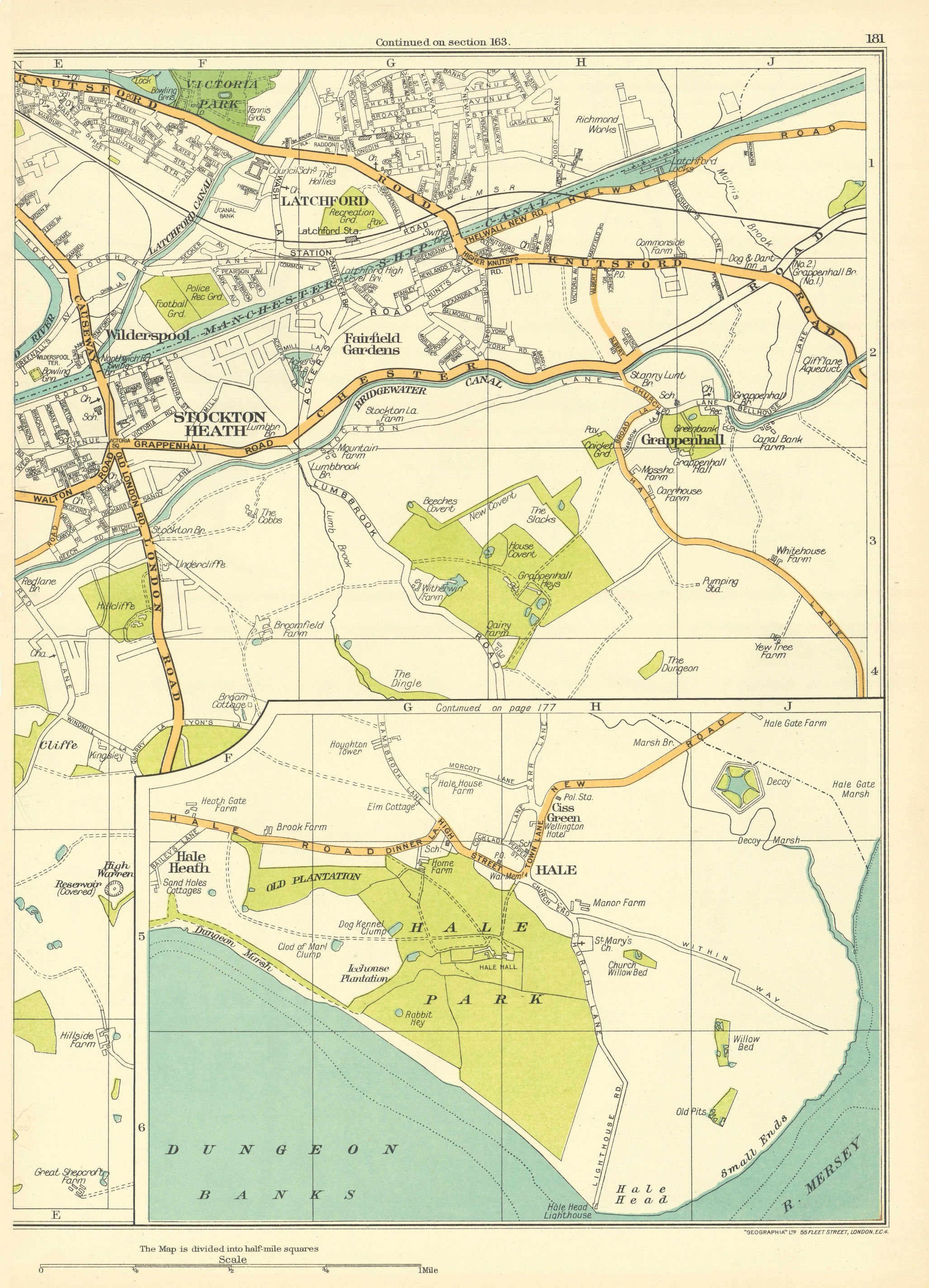 Associate Product CHESHIRE Warrington Stockton Heath Hale Grappenhall Latchford 1935 old map