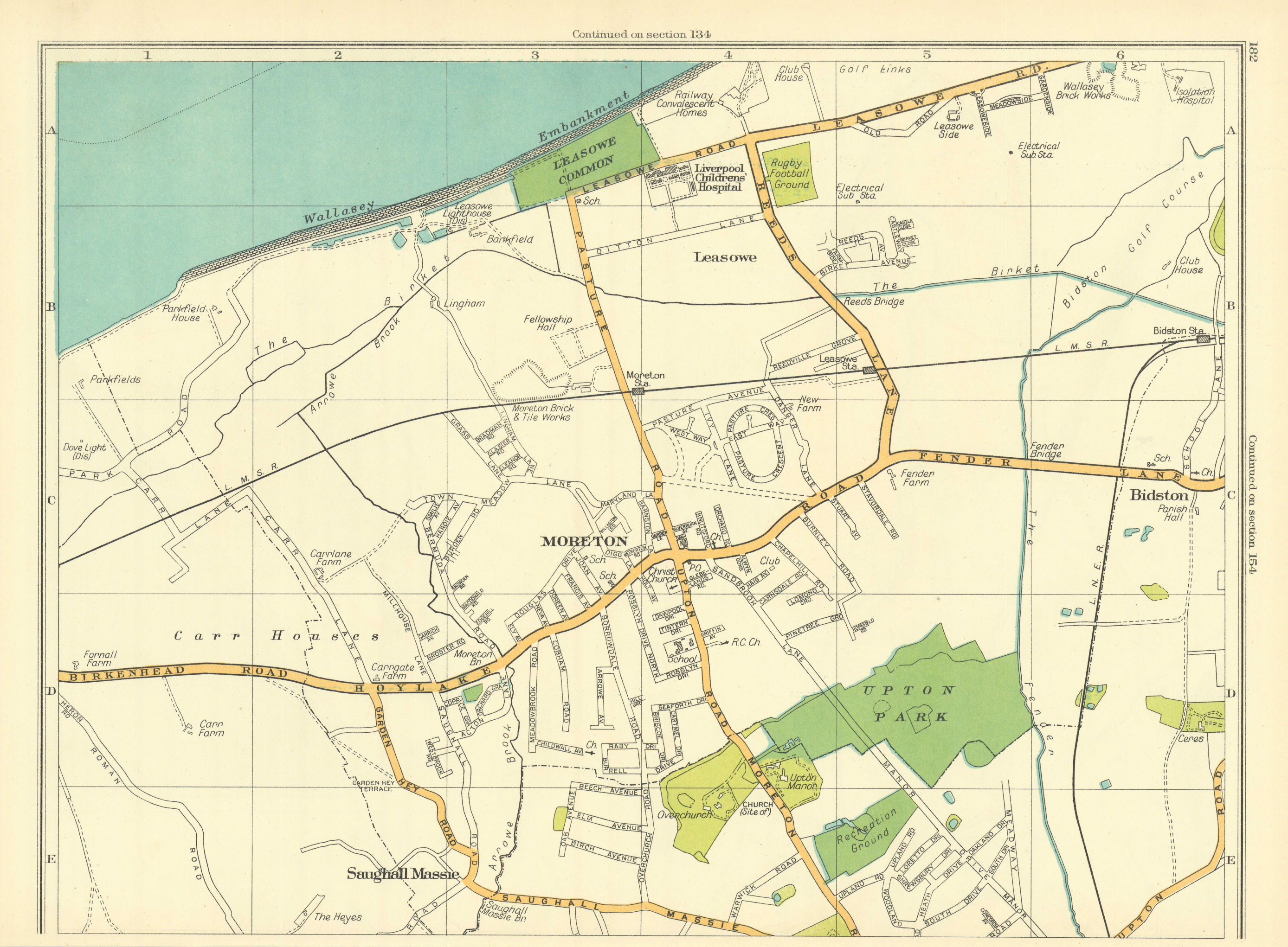 CHESHIRE Moreton Leasowe Saughall Massie Bidston Wallasey 1935 old vintage map