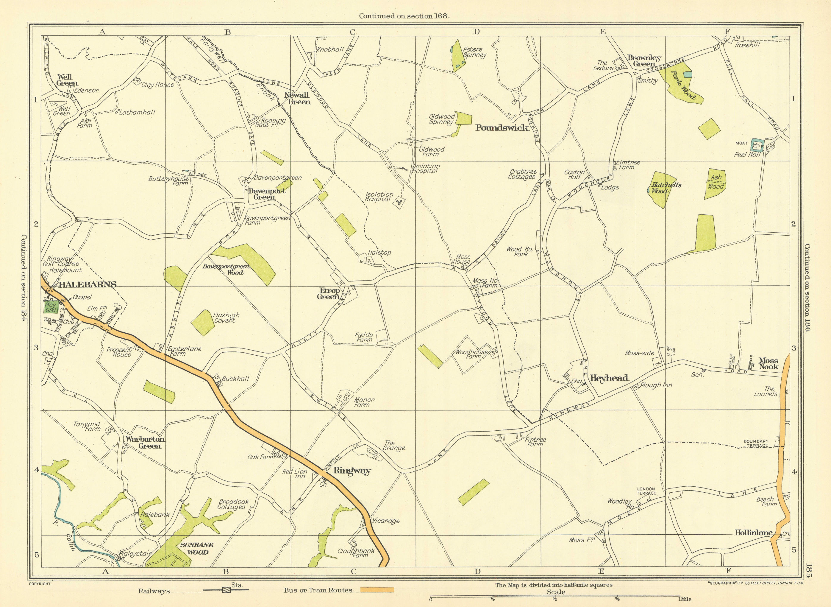 Associate Product CHESHIRE Halebarns Davenport Ringway Heyhead Warburton Moss Nook 1935 old map