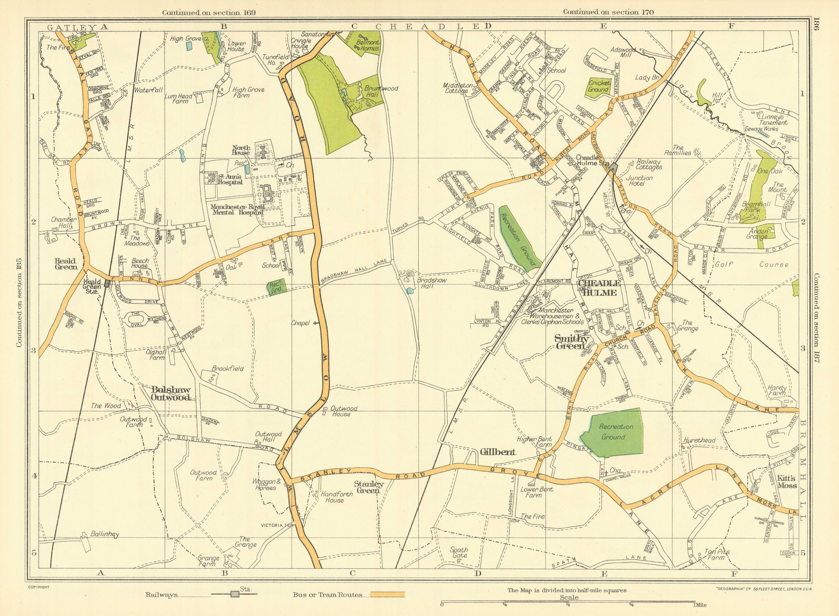 Associate Product CHESHIRE Gillbent Smithy Green Cheadle Hulme Bolshaw Outwood Heald Grn 1935 map