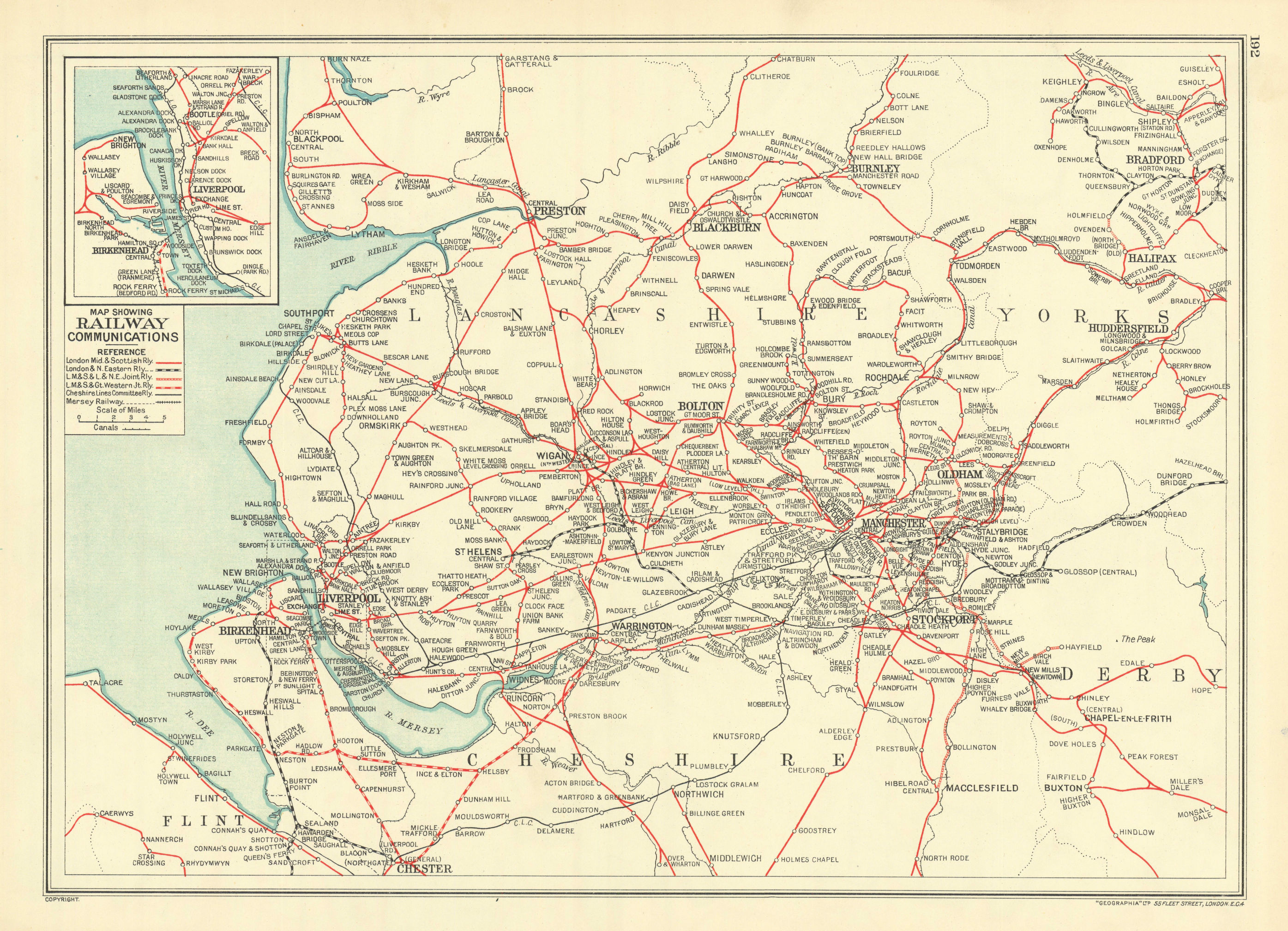 Associate Product LANCASHIRE Cheshire Yorkshire Map showing Railway Communications 1935 old