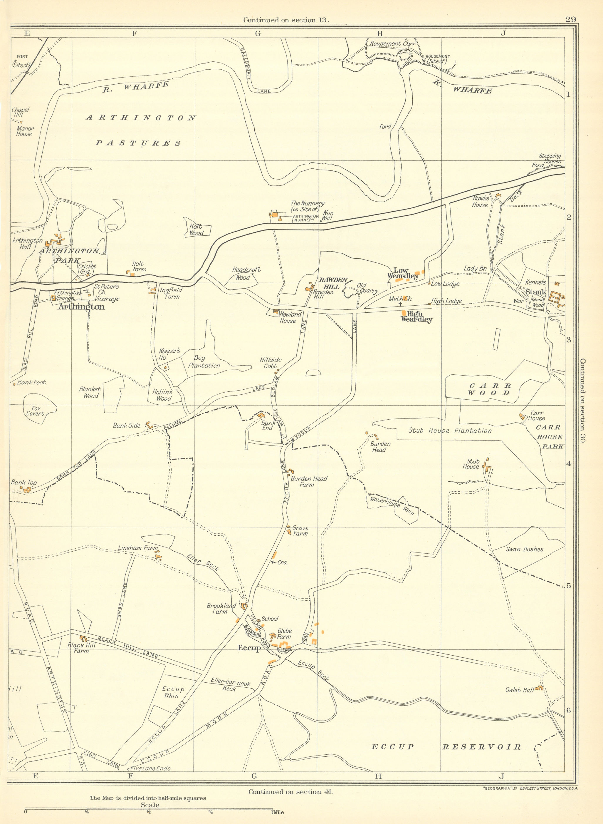 KEIGHLEY Woodhouse Cullingworth Thwaites Brow Ryecroft Harden 1935 old map