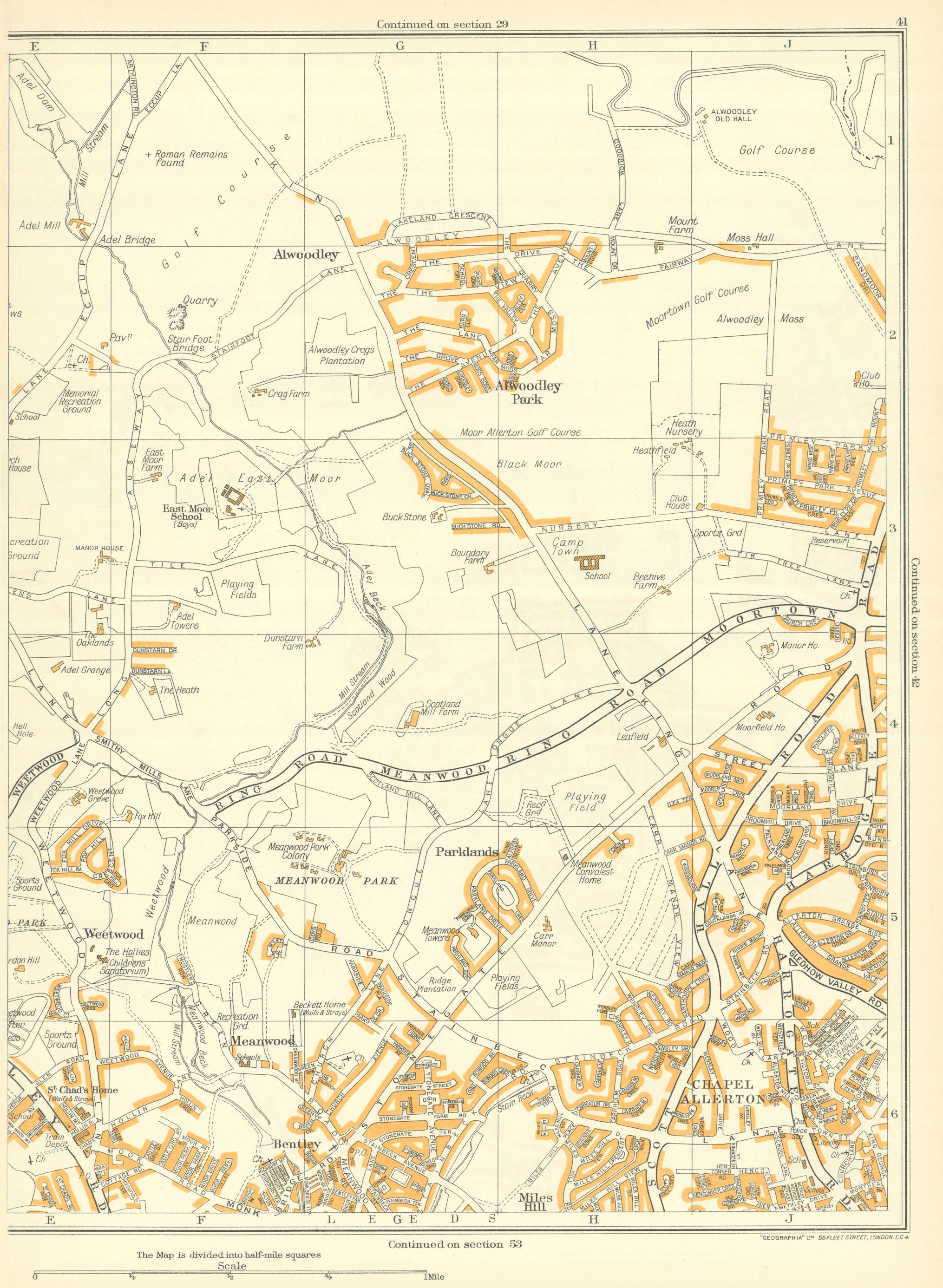 Associate Product LEEDS Alwoodley Meanwood Weetwood Parklands Bentley Chapel Allerton 1935 map