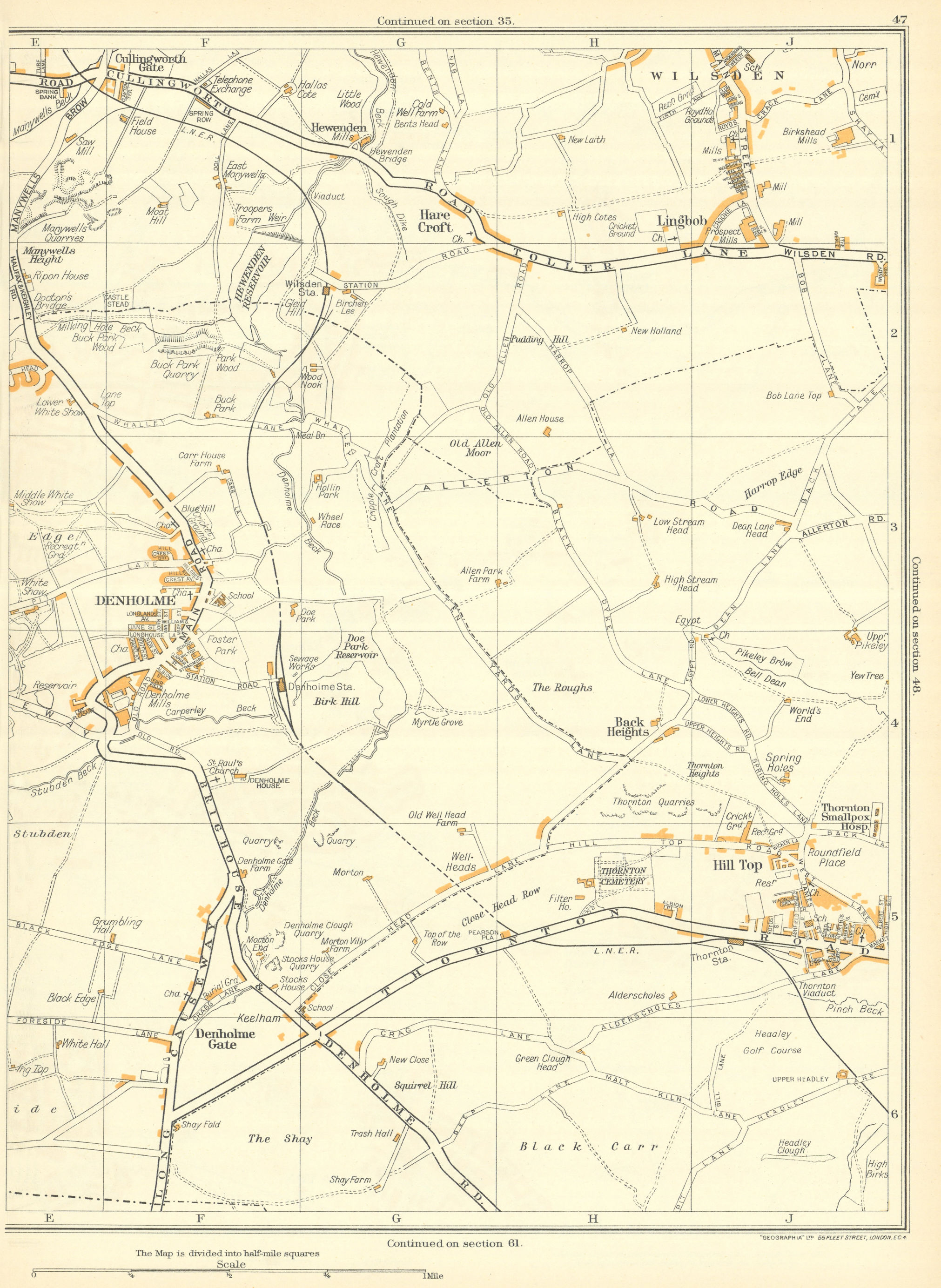 Associate Product YORKS Hare Croft Lingbob Heights Hill Top Denholme Black Carr Wilsden 1935 map