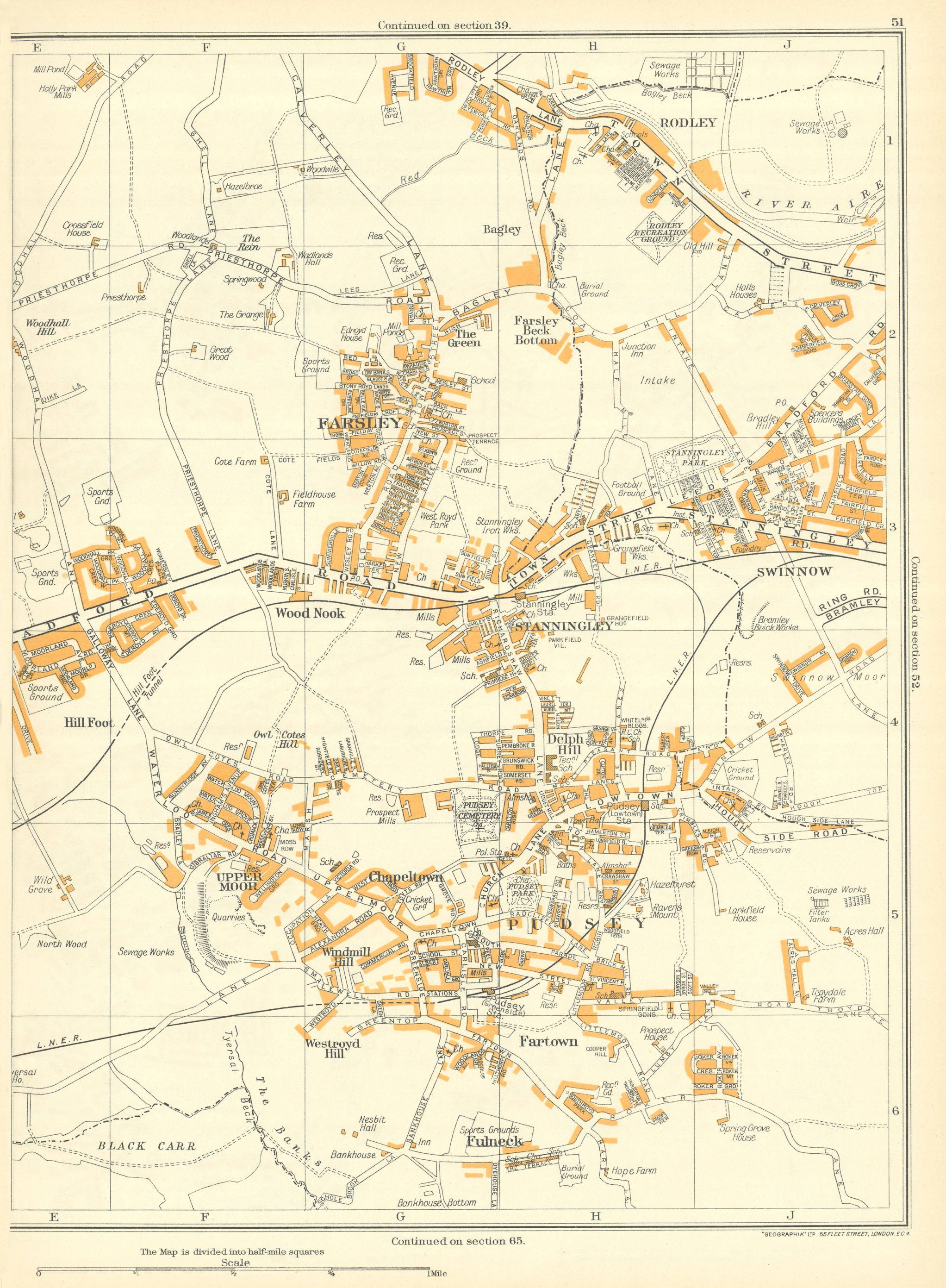 Associate Product YORKSHIRE Pudsey Farsley Stanningley Swinnow Fartown Fulneck Upper Moor 1935 map