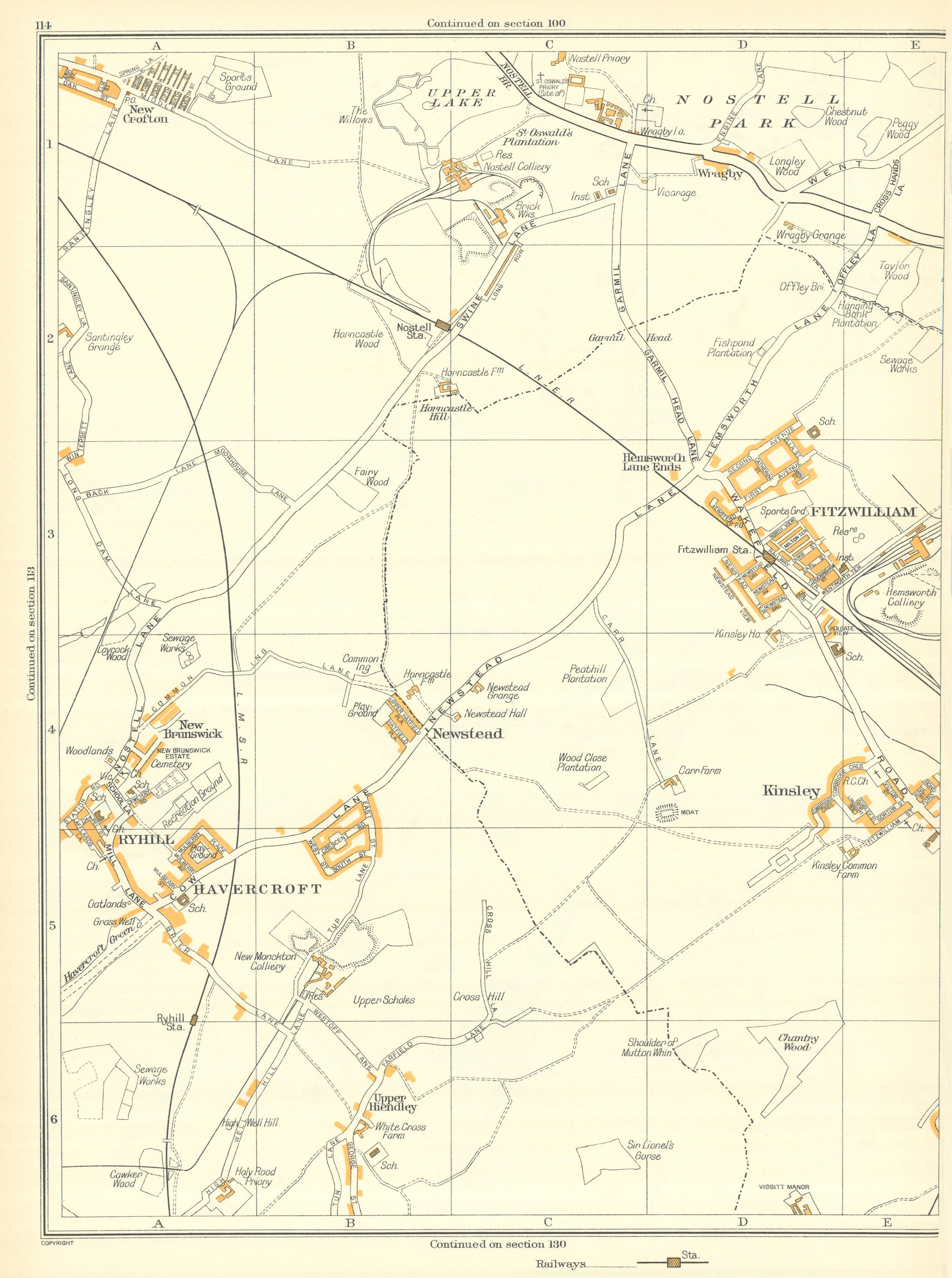 Associate Product FITZWILLIAM Kinsley Upper Hiendley Newstead Upper Lake Ryhill Crofton 1935 map