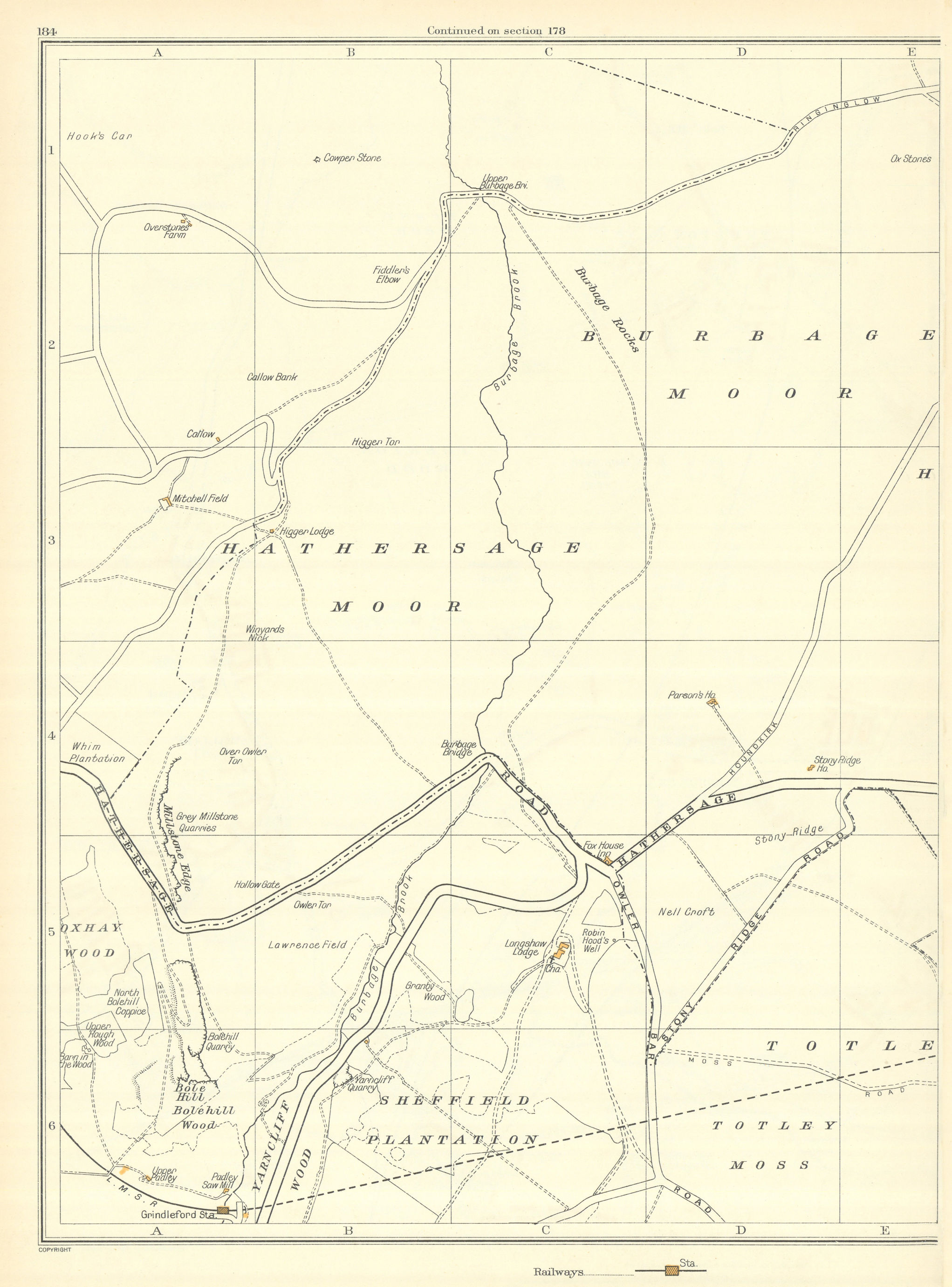 Associate Product YORKSHIRE Grindleford Burbage Hathersage Moors Upper Padley Oxhay Wood 1935 map
