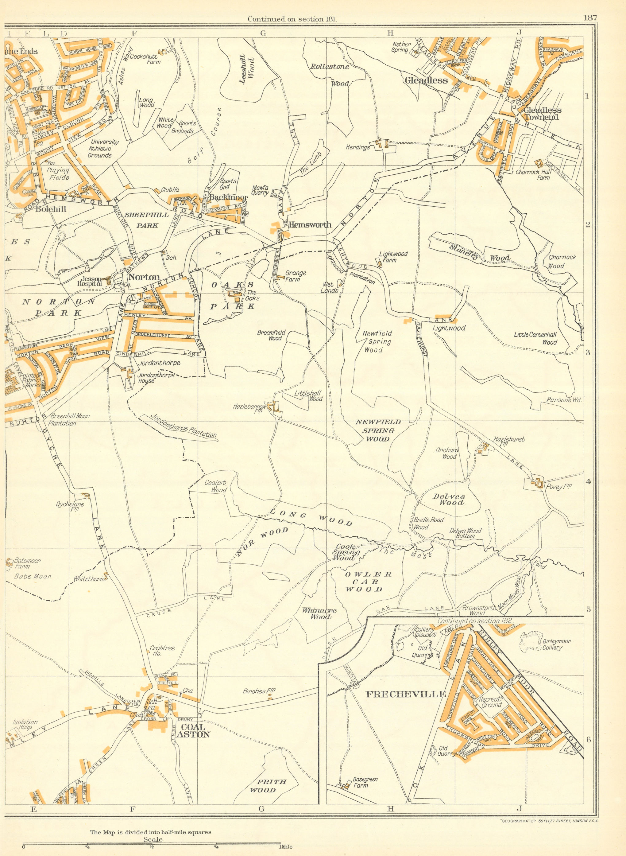 Associate Product SHEFFIELD Dronfield Coal Aston Frecheville Gleadless Norton Woodseats 1935 map