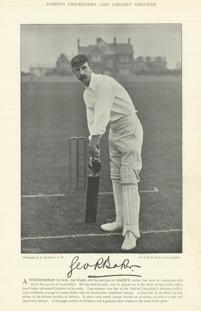 Associate Product George Robert Baker. Middle-order batsman. Lancashire cricketer 1895 old print