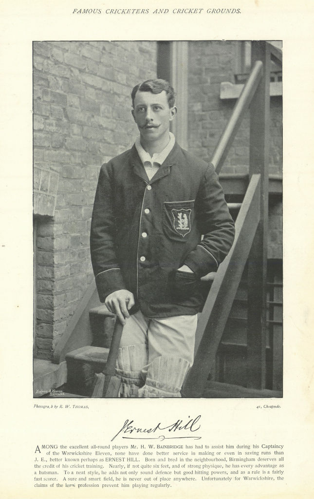 John Ernest Hill. Batsman. Warwickshire cricketer 1895 old antique print
