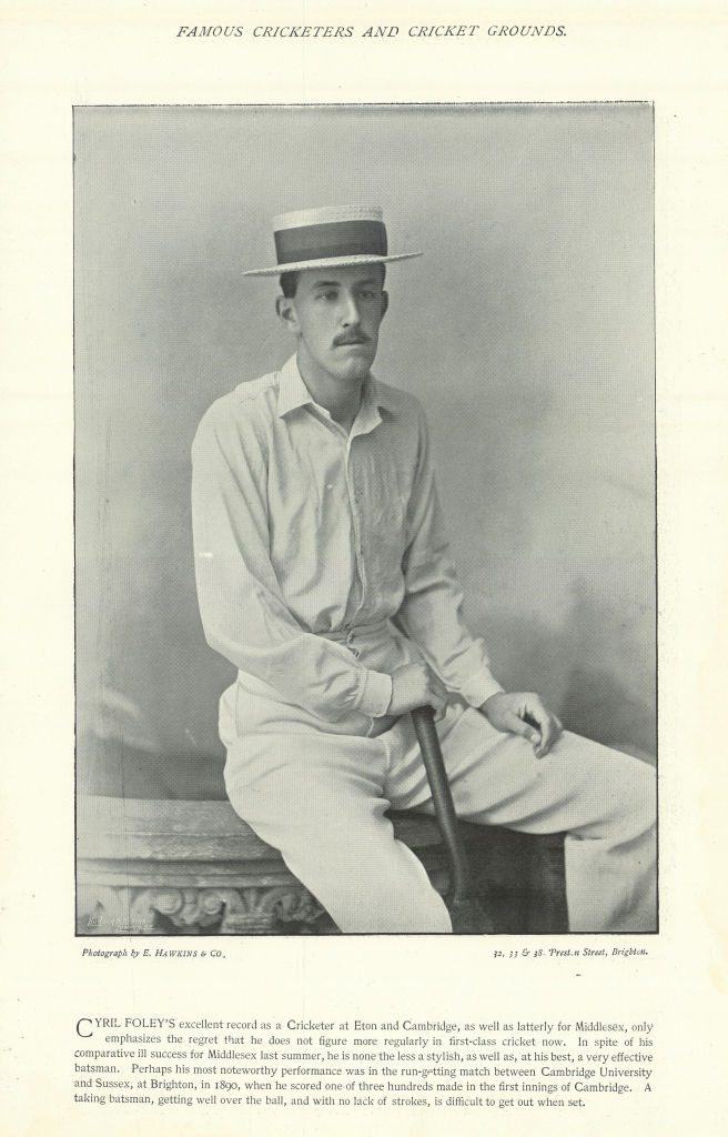 Associate Product Cyril Pelham Foley. Opening batsman. Middlesex cricketer 1895 old print