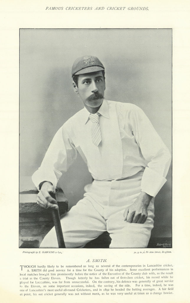 Associate Product Arthur Smith. Batsman. Nottinghamshire. Lancashire cricketer 1895 old print