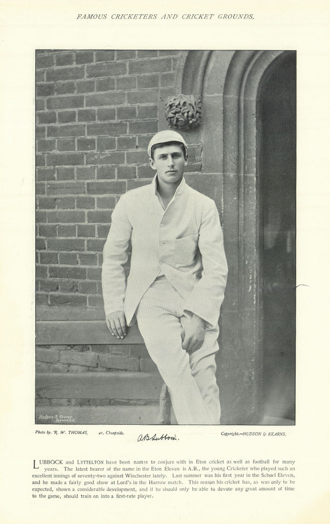 Alfred B. Lubbock. Batsman. Eton cricketer 1895 old antique print picture