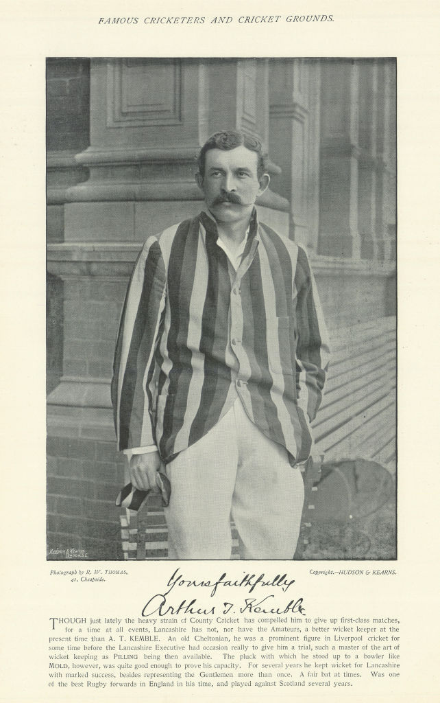 Associate Product Arthur Twiss Kemble. Wicket-keeper. England Rugby. Lancashire cricketer 1895