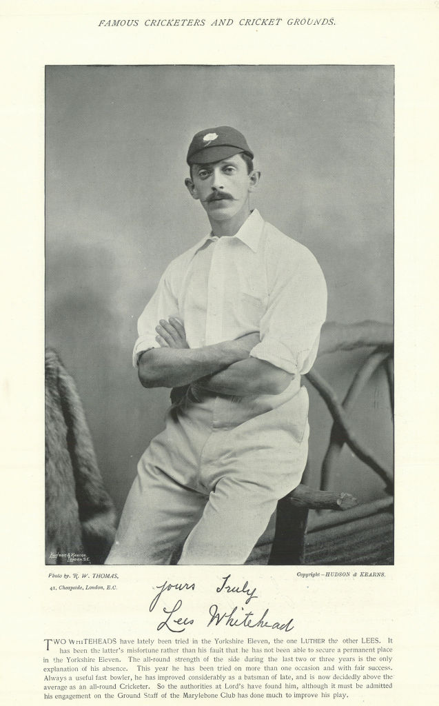 Associate Product Lees Whitehead. All-rounder. Yorkshire cricketer 1895 old antique print