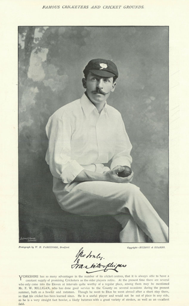 Frank William Milligan. All-rounder. Yorkshire cricketer 1895 old print