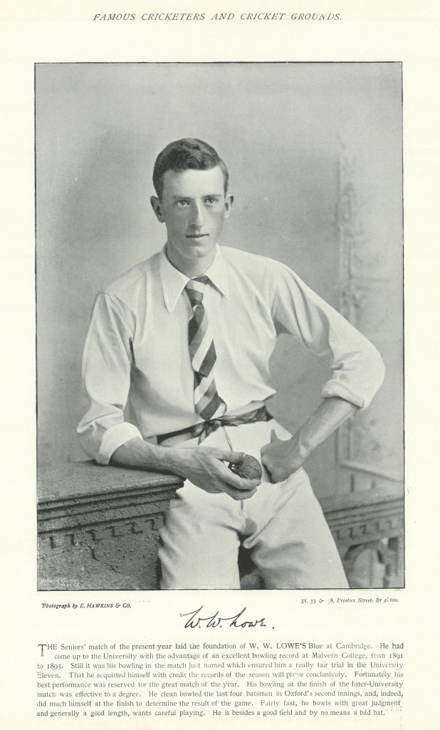 William Walter Lowe. Right-arm fast bowler. Cambridge cricketer 1895 old print