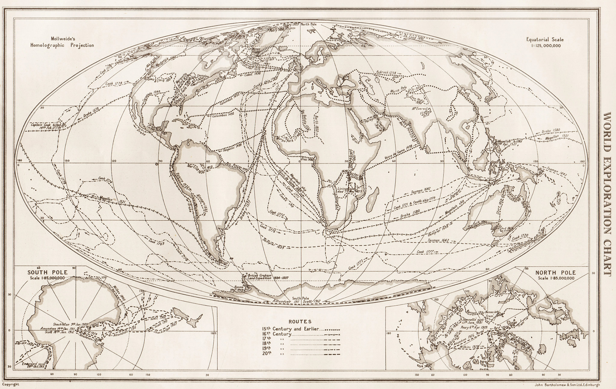 WORLD EXPLORATION. Explorers routes dates centuries. BARTHOLOMEW 1952 old map