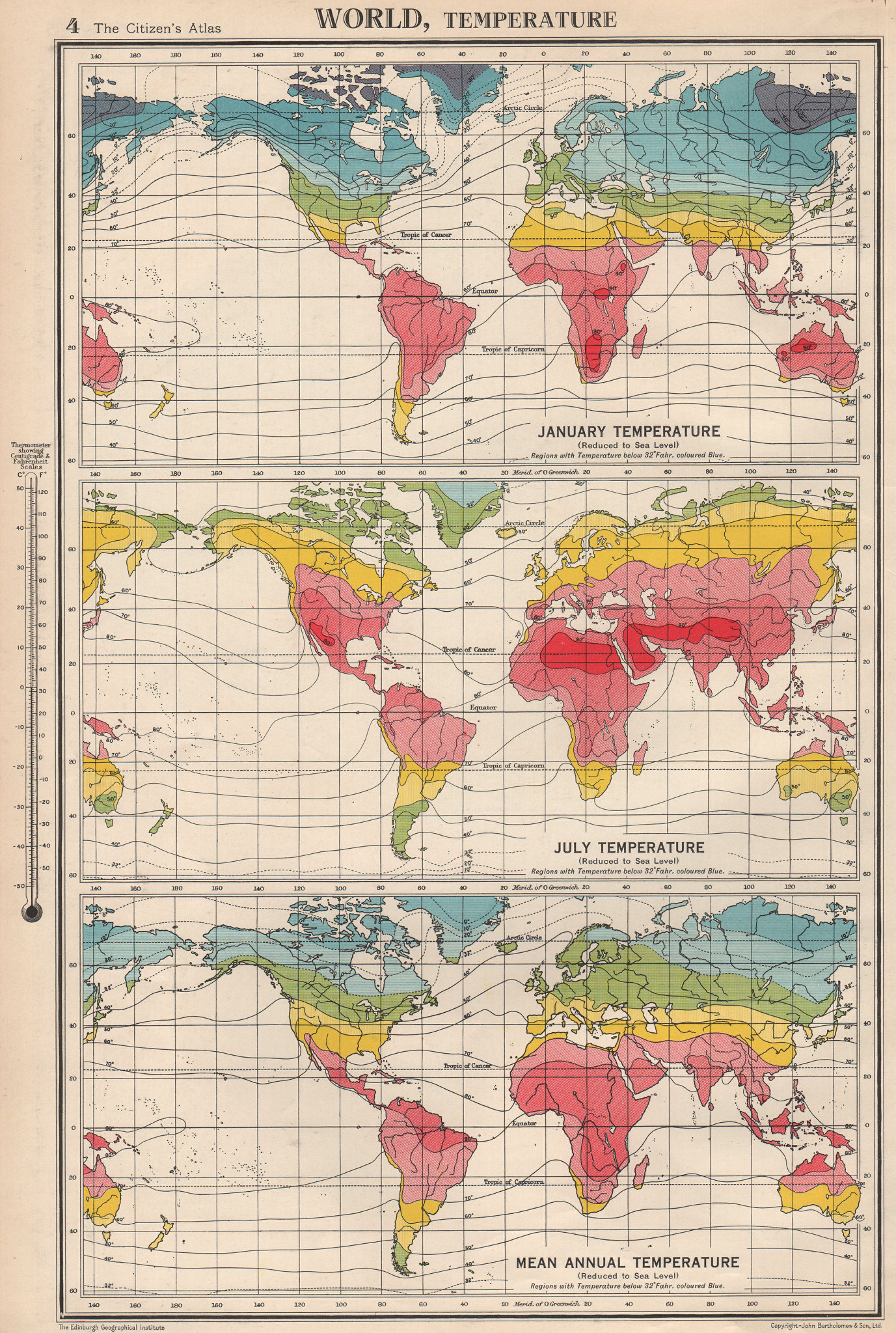 Associate Product WORLD TEMPERATURE. January July Mean annual. BARTHOLOMEW 1952 old vintage map