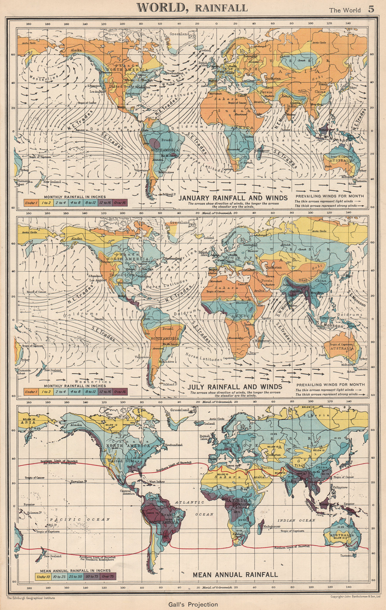 Associate Product WORLD RAINFALL & WINDS. January July Mean annual. BARTHOLOMEW 1952 old map
