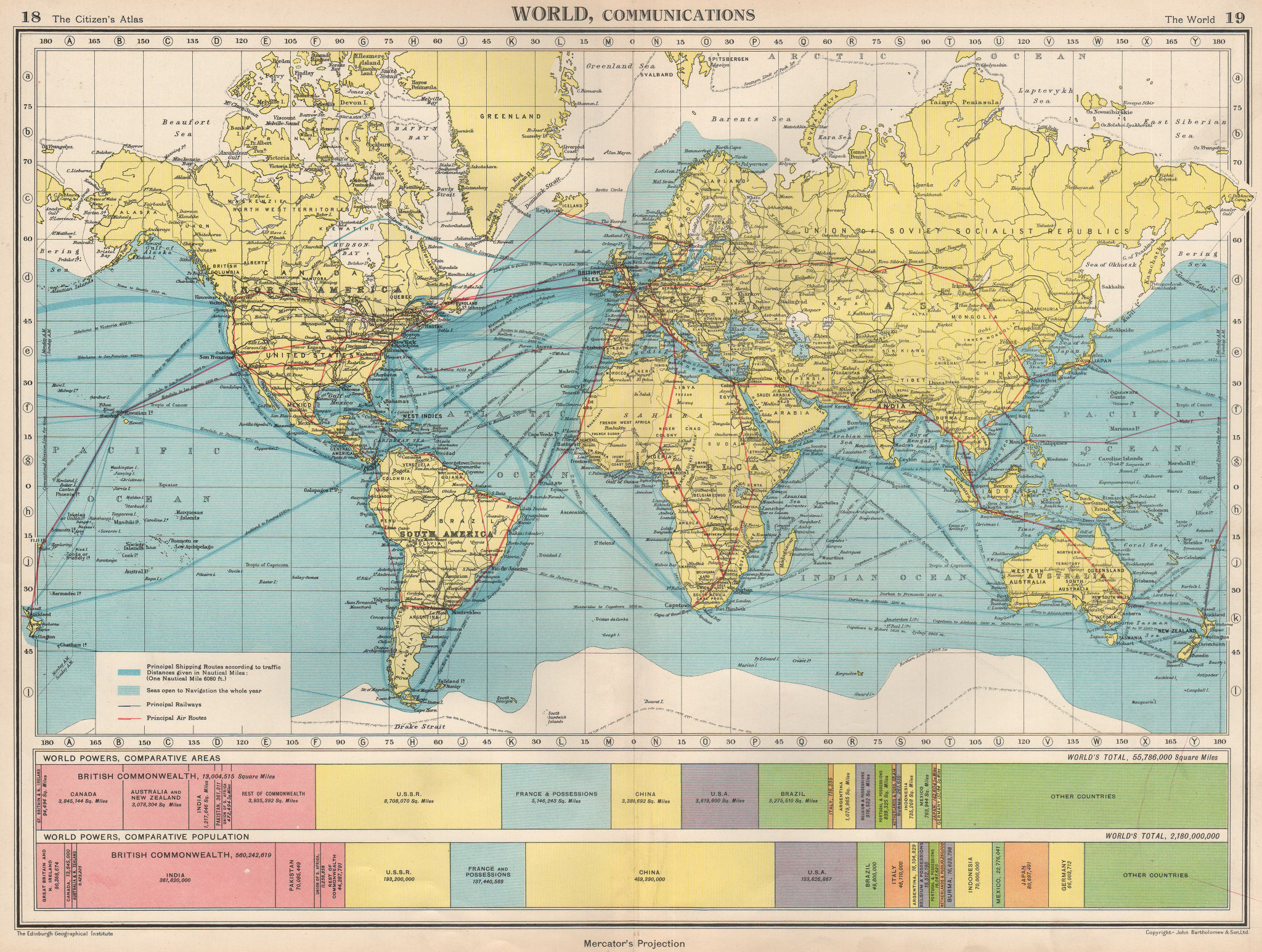Associate Product WORLD COMMUNICATIONS. air/shipping routes railways. BARTHOLOMEW 1952 old map