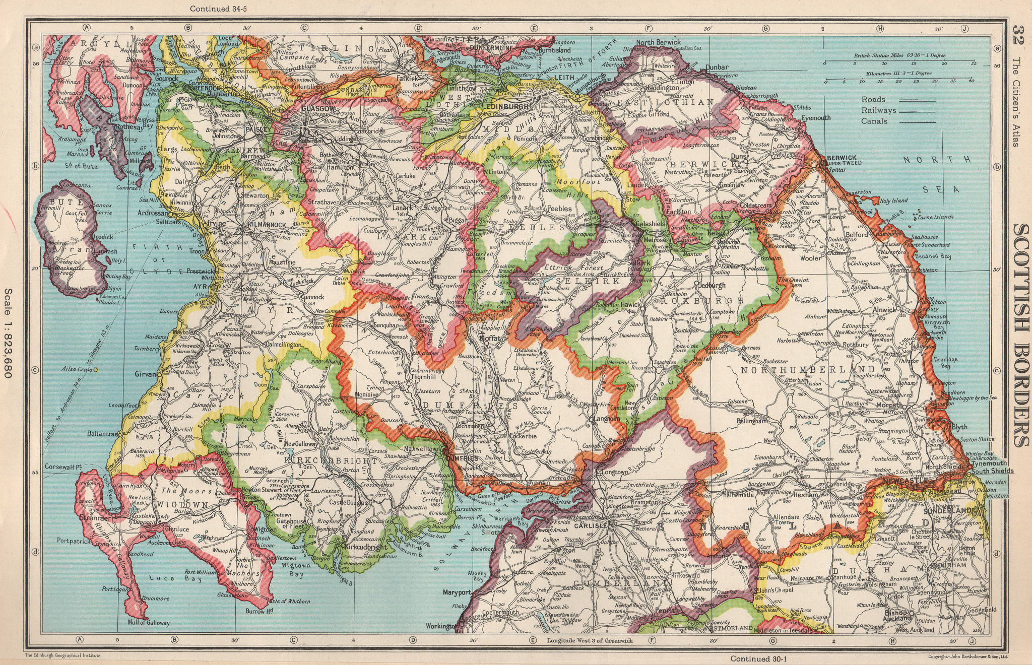 SCOTTISH BORDERS. Scotland south. BARTHOLOMEW 1952 old vintage map plan chart