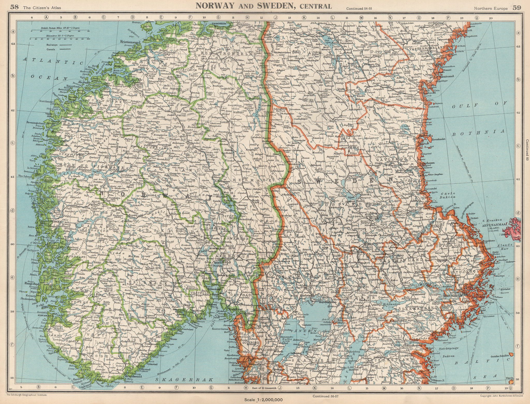 Associate Product SCANDINAVIA. Norway and Sweden, Central. Railways. BARTHOLOMEW 1952 old map