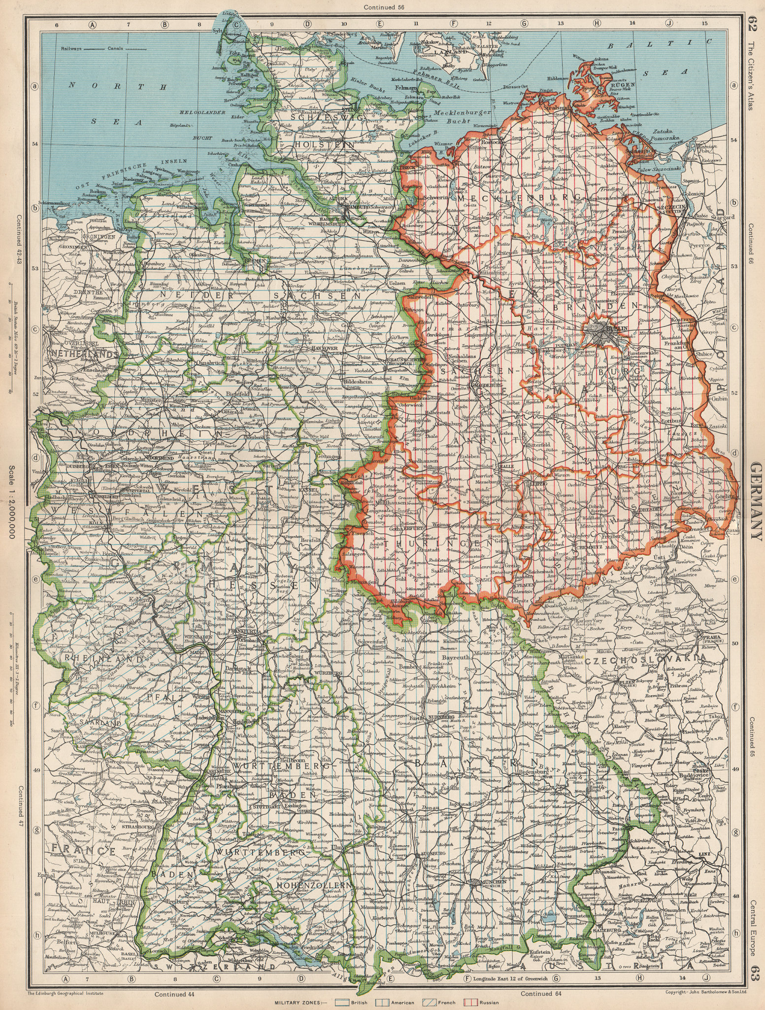 Associate Product GERMANY. showing post WW2 military zones. British US French Russian 1952 map