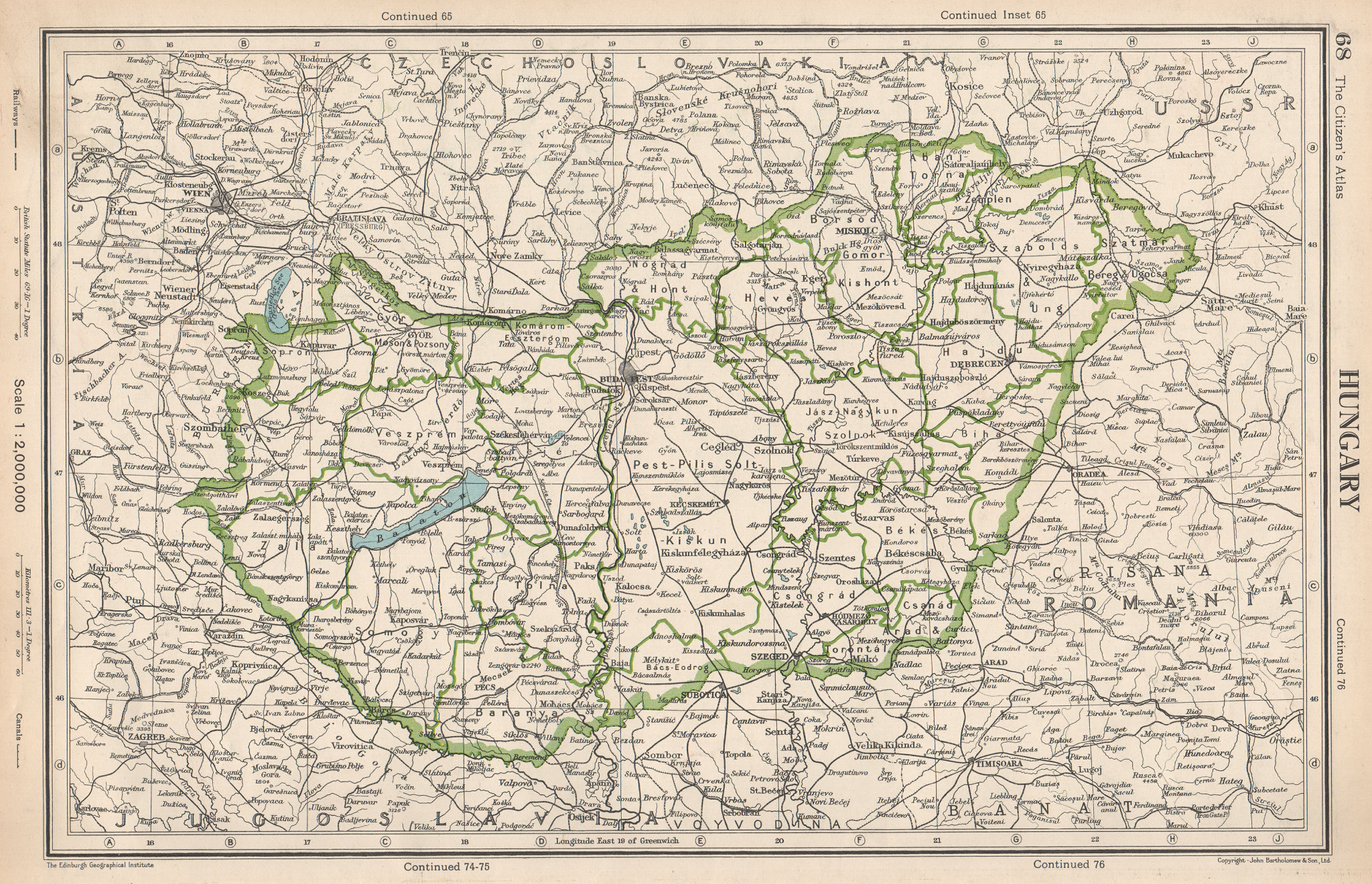 Associate Product HUNGARY. Showing counties/megyék/megye/megyek. BARTHOLOMEW 1952 old map