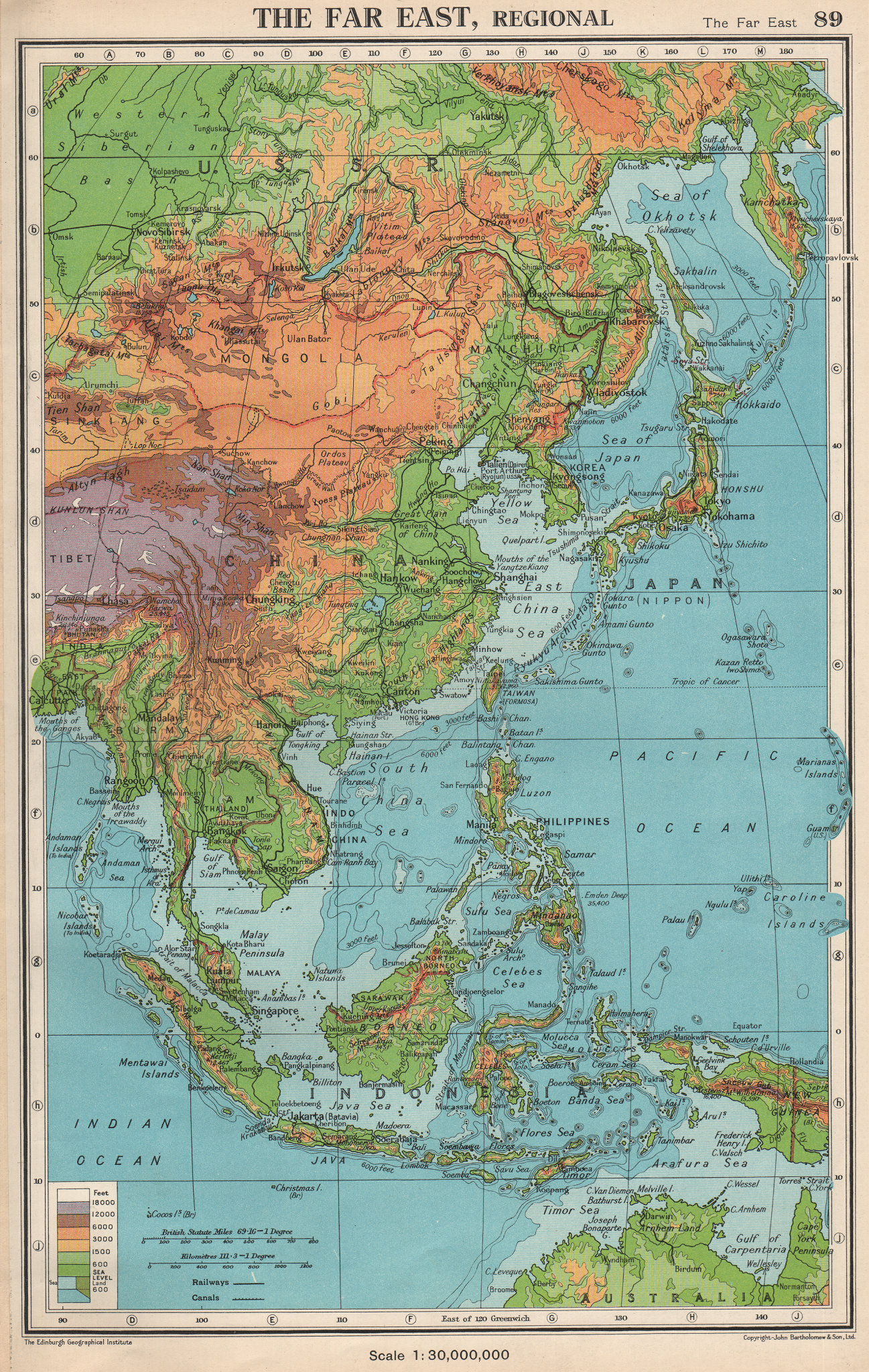 THE FAR EAST PHYSICAL. East Asia East Indies. BARTHOLOMEW 1952 old ...