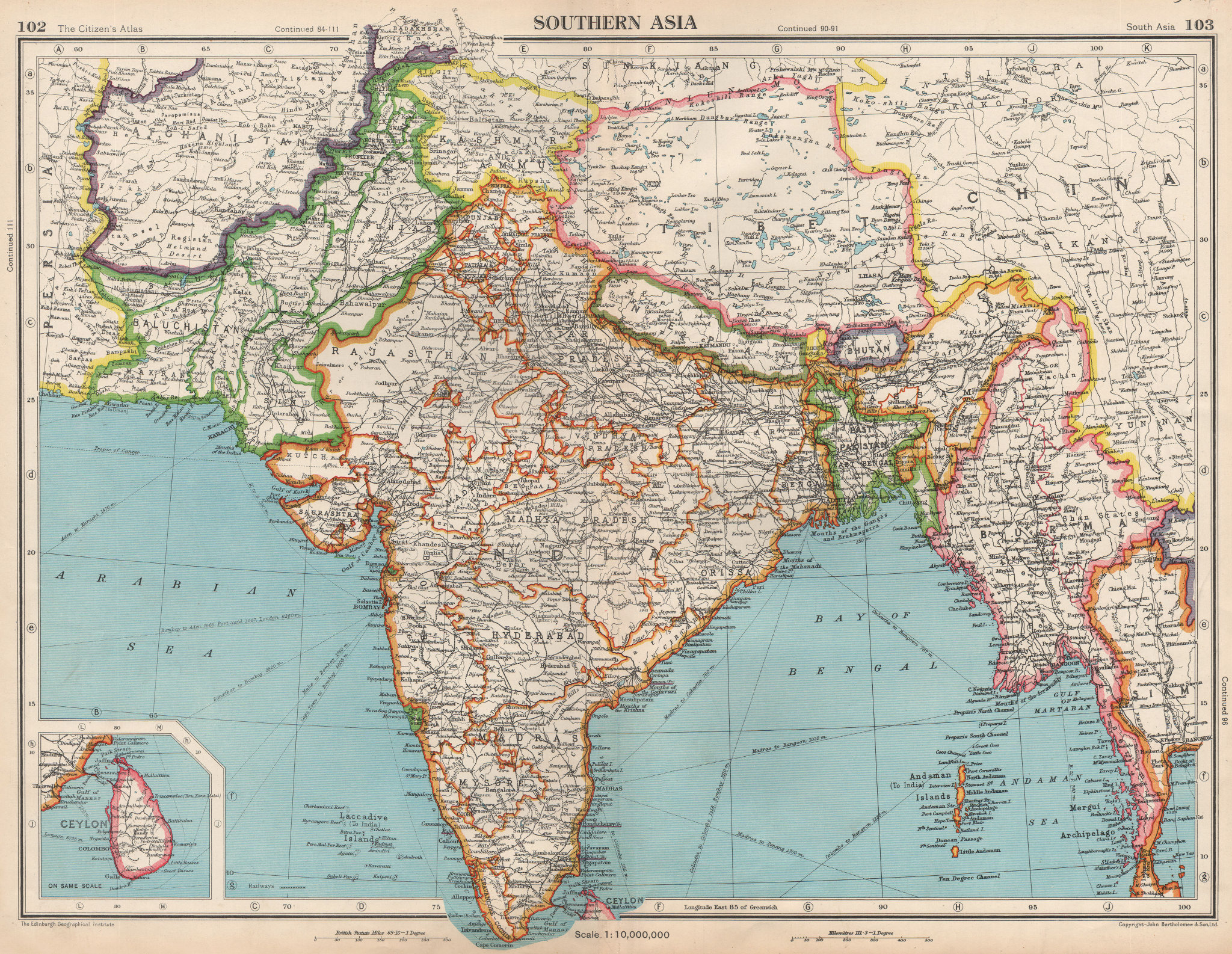 Associate Product SOUTH ASIA. Independent Sikkim Tibet Jammu/Kashmir. Portuguese enclaves 1952 map