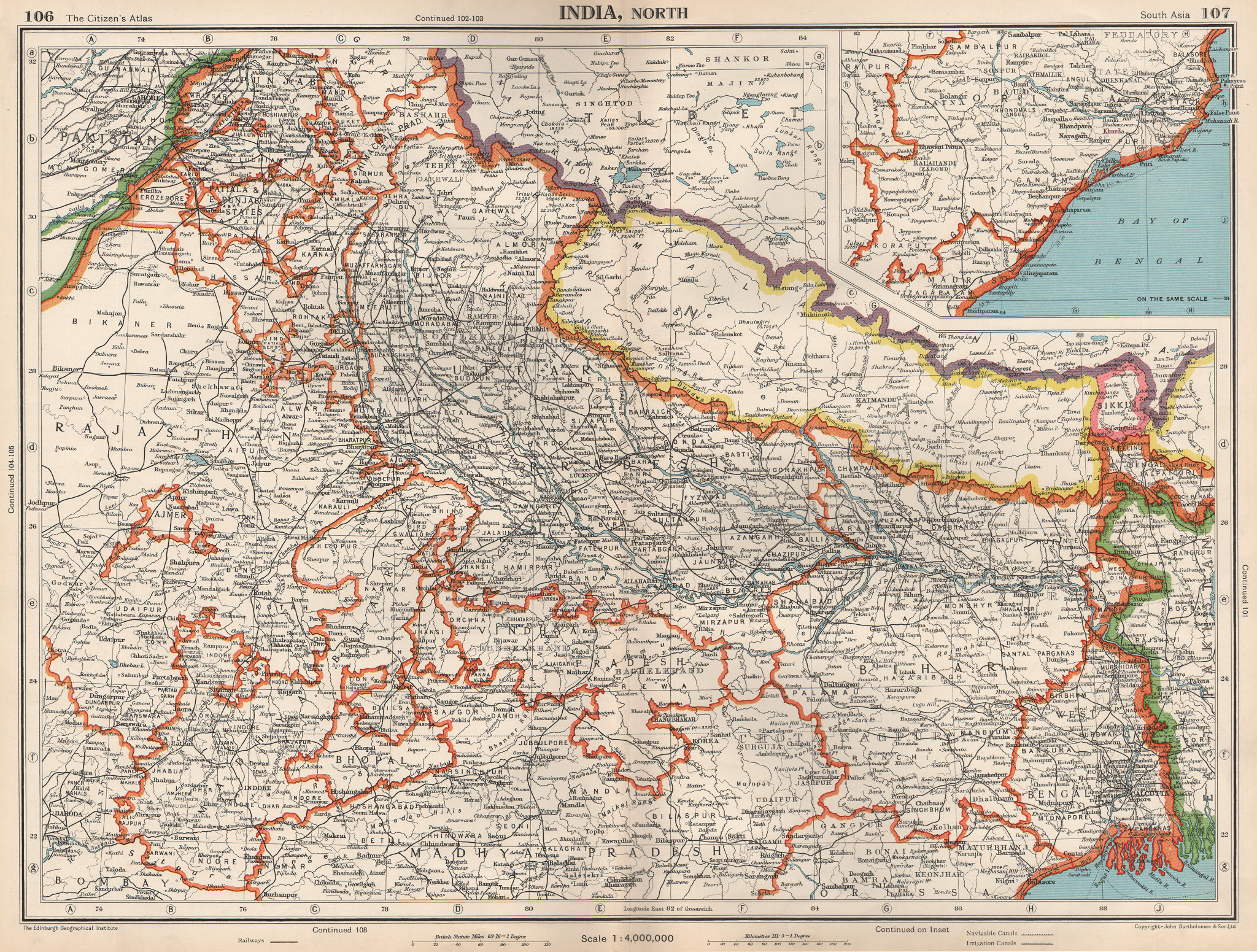 Associate Product INDIA NORTH & NEPAL. Shows independent Sikkim. Bengal Orrissa 1952 old map