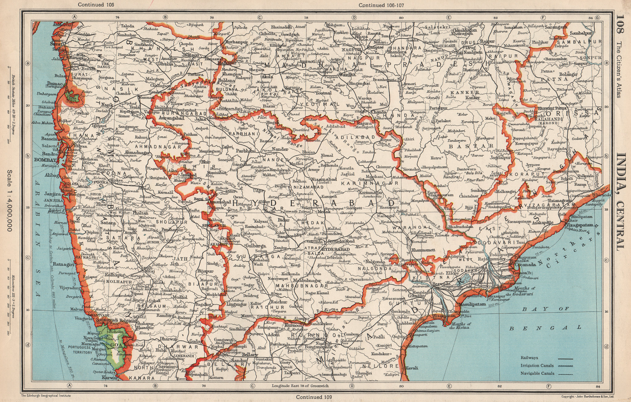 Associate Product INDIA CENTRAL.shows Goa,Dadra & Nagar Haveli as Portuguese.BARTHOLOMEW 1952 map