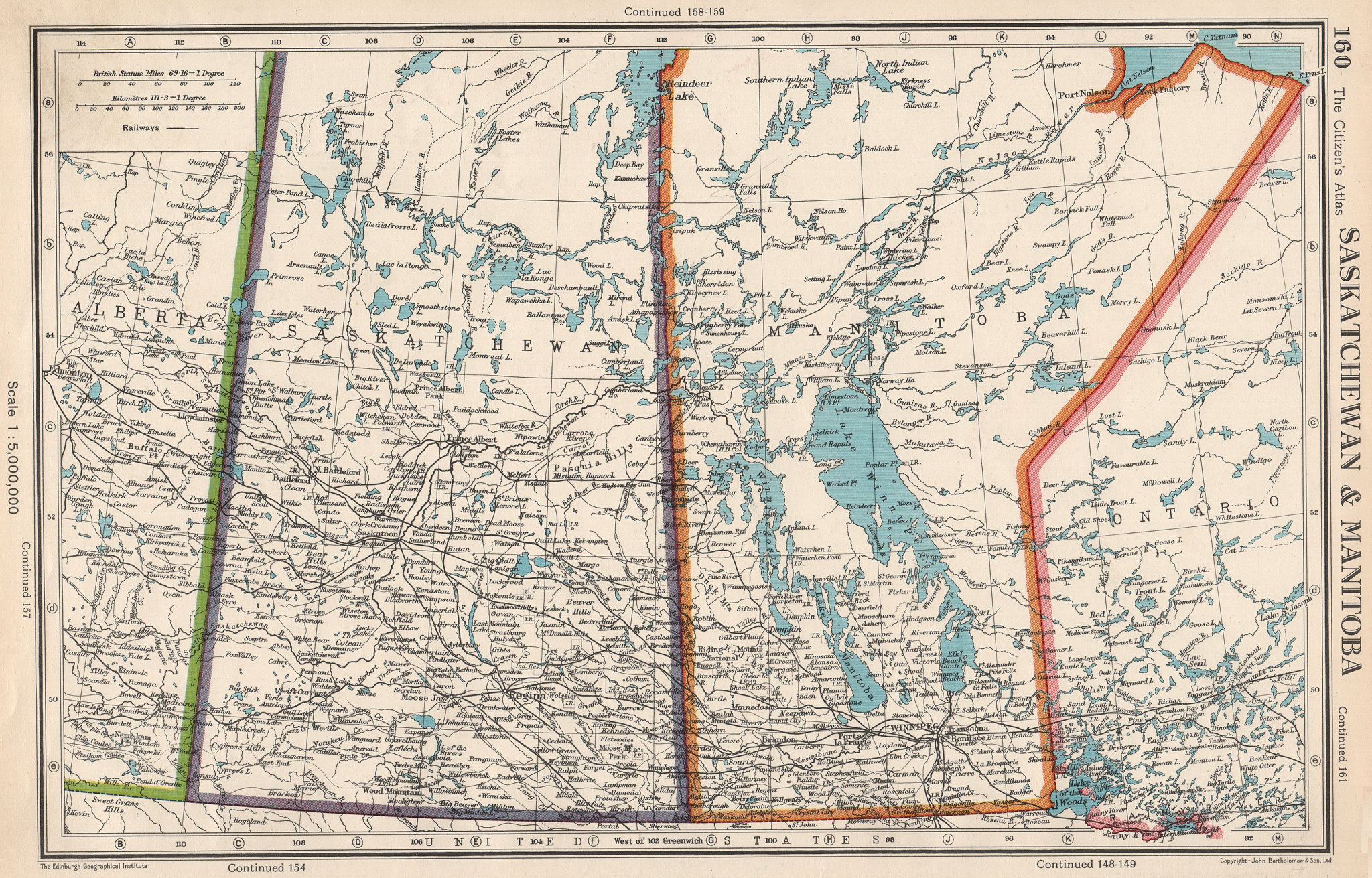 Associate Product SASKATCHEWAN & MANITOBA. provinces. Canada. Railways. BARTHOLOMEW 1952 old map