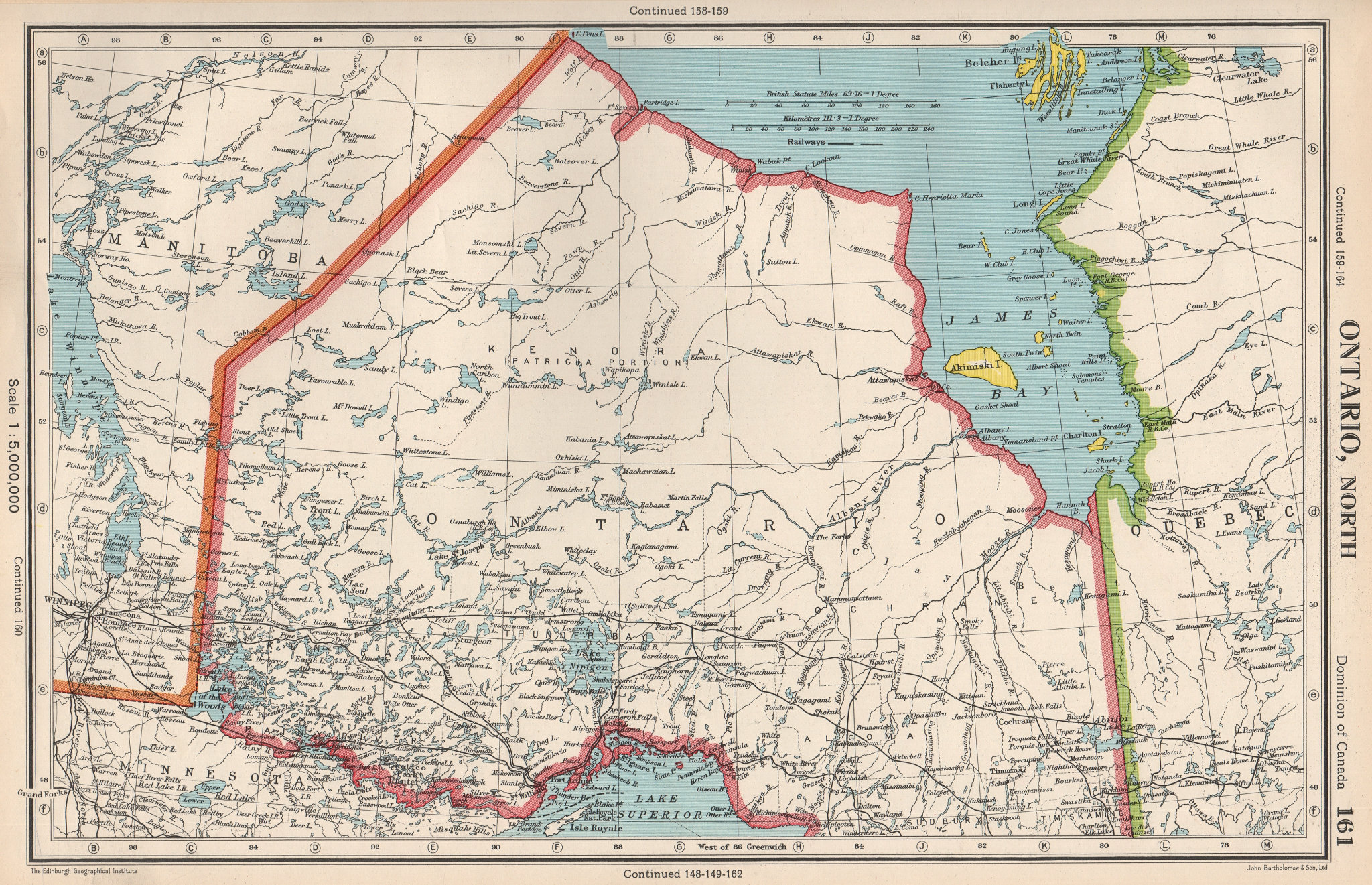 Associate Product ONTARIO NORTH. Railways. James Bay. Canada. BARTHOLOMEW 1952 old vintage map
