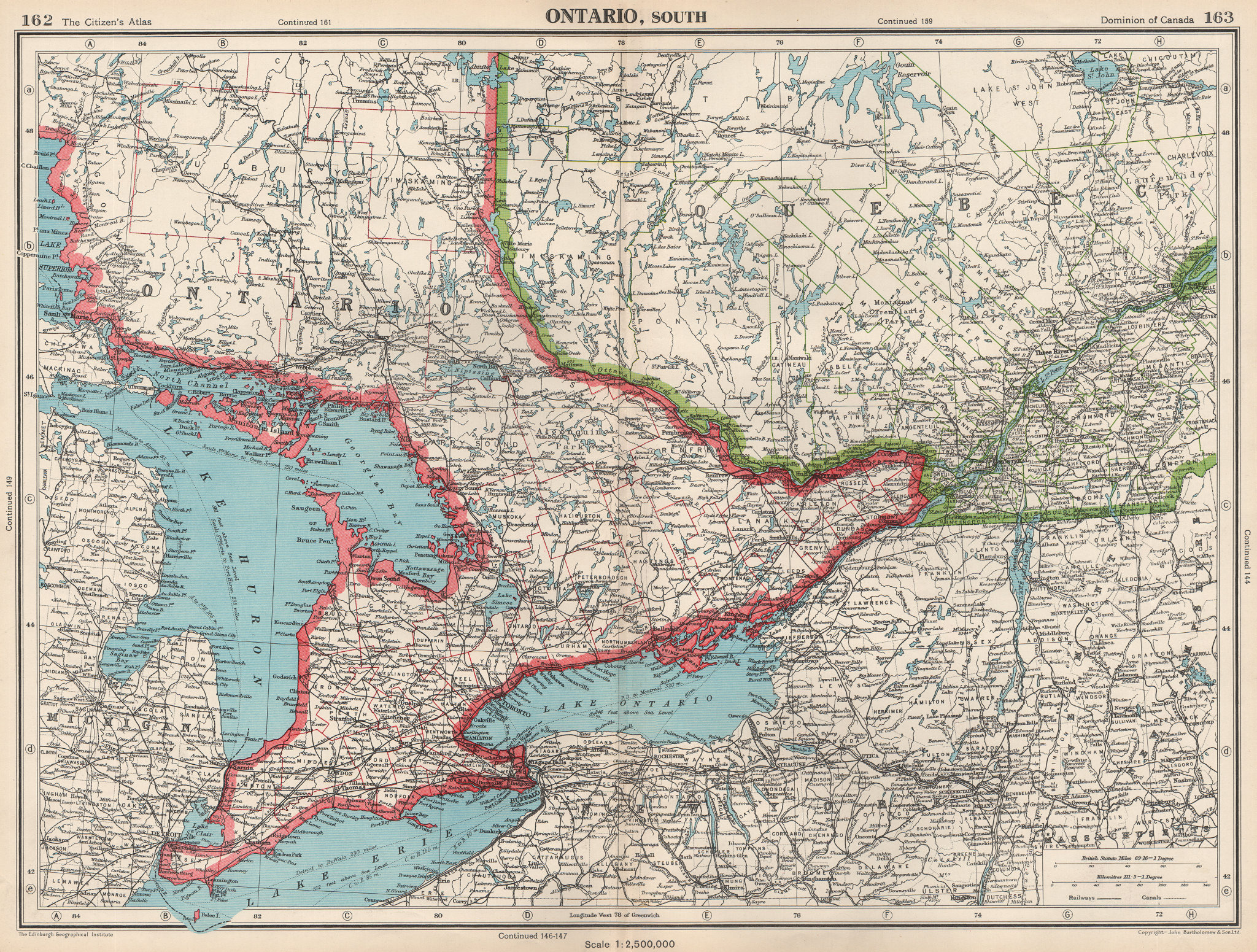 Associate Product ONTARIO SOUTH. counties. Lake Ontario Huron Erie. Canada. BARTHOLOMEW 1952 map