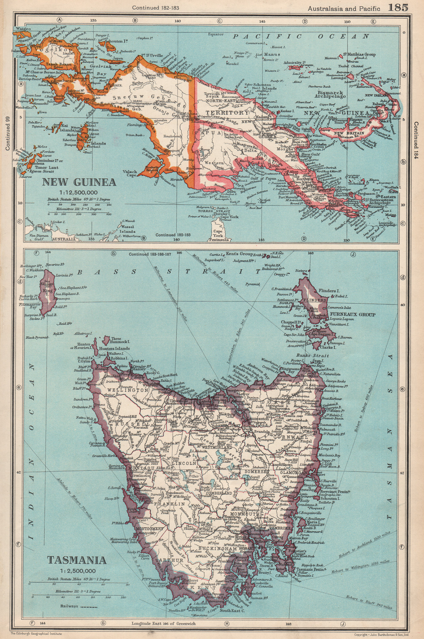 Associate Product AUSTRALASIA. New Guinea; Tasmania showing counties. BARTHOLOMEW 1952 old map