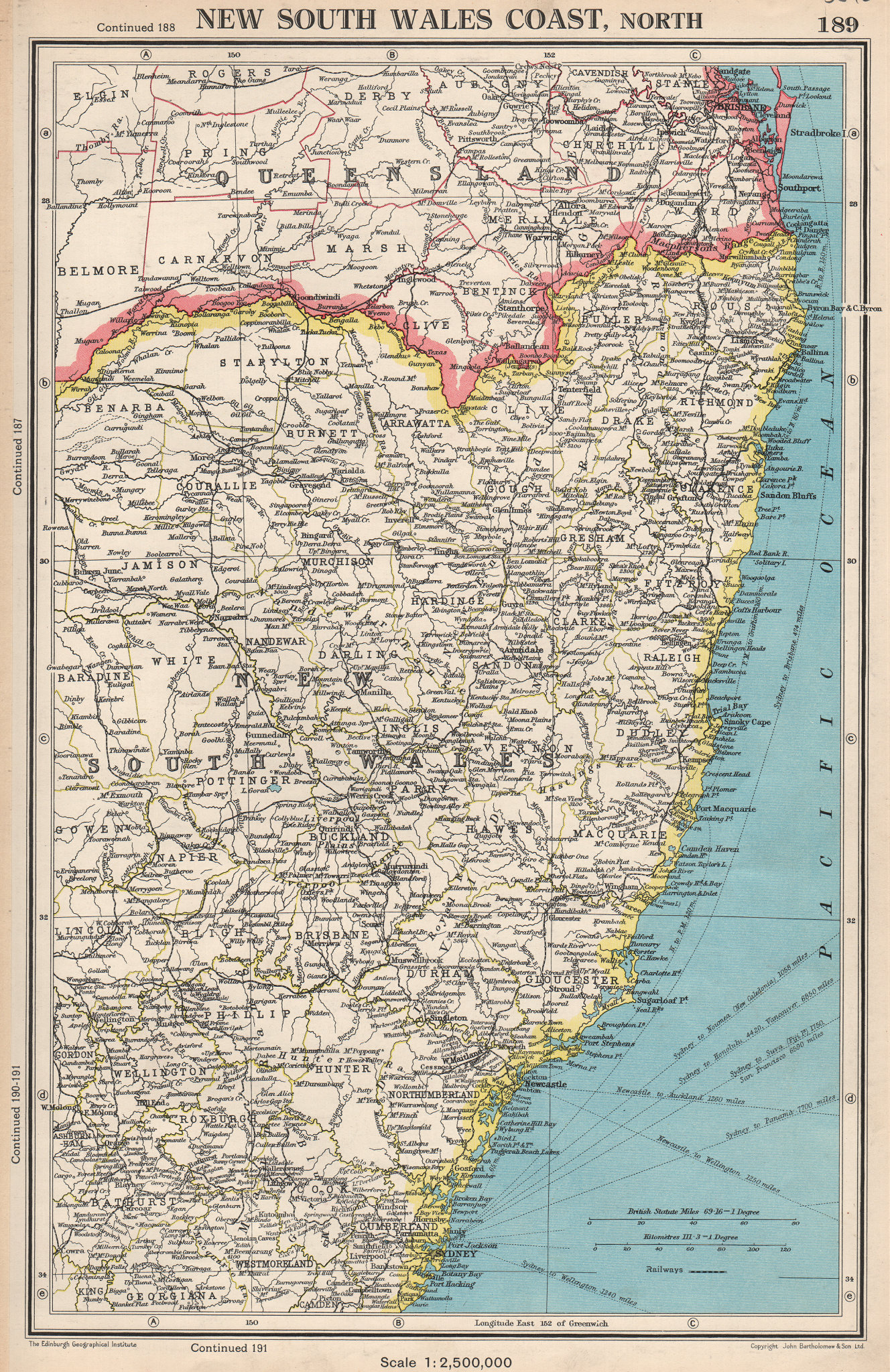 Associate Product NEW SOUTH WALES COAST, NORTH. showing counties. BARTHOLOMEW 1952 old map