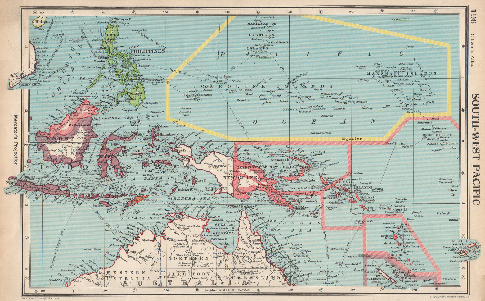 Associate Product SOUTH-WEST PACIFIC. Melanesia Micronesia Indonesia Philippines 1952 old map