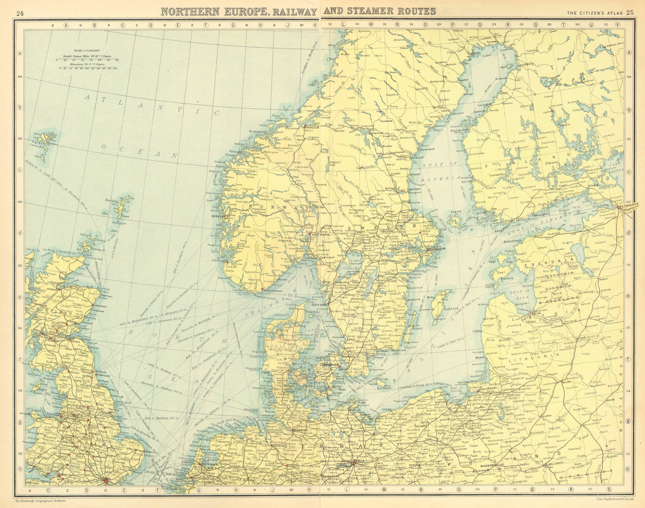 Associate Product NORTHERN EUROPE. Railway and Steamer Routes. BARTHOLOMEW 1924 old vintage map
