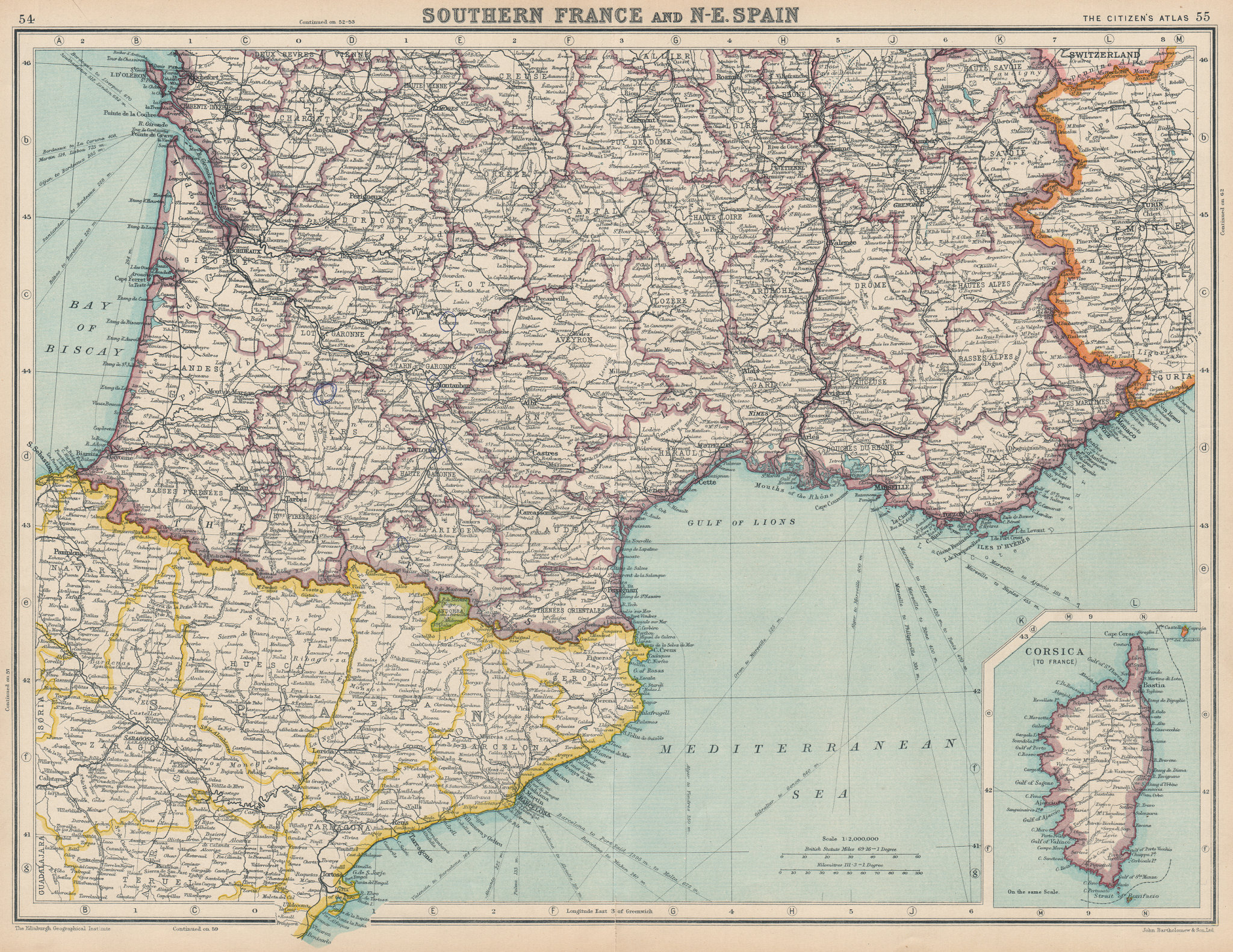 France South East Departements Bartholomew 1952 Old Vintage Map Plan